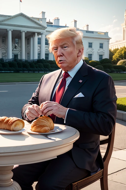 donald trump eats a croissant and sit infront white house, ultra hd, realistic, vivid colors, highly detailed, UHD drawing, pen and ink, perfect composition, beautiful detailed intricate insanely detailed octane render trending on artstation, 8k artistic photography, photorealistic concept art, soft natural volumetric cinematic perfect light, perfect eyes, detailed eyes,photorealistic