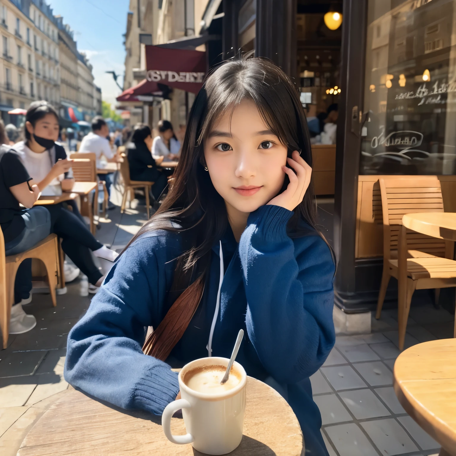 Mood photo for advertising, a  girl sitting at a coffee table with blue-white-patched table cloth, inside of sidewalk cafe, Close-up selfie, in paris, morning sunshine from window, photorealistic, selfie 