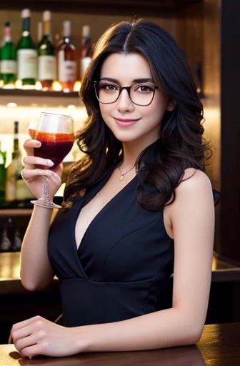 (masterpiece:1.2), high quality, High resolution, A 25-year-old male with short, curly, dark hair, Wear glasses, Beardless, smile,He has a glass of alcohol in his hand, Wearing a navy blue jacket and black pants, 21 year old female with long black hair, not Wear glasses, smile, Small breasts,Wearing a sleeveless white dress, Holding a cocktail glass in his hand,Drink alcohol at the bar, Enjoy a drink, Realistic, detailed, complicated, Warm lighting, Bar Settings, Realistic style