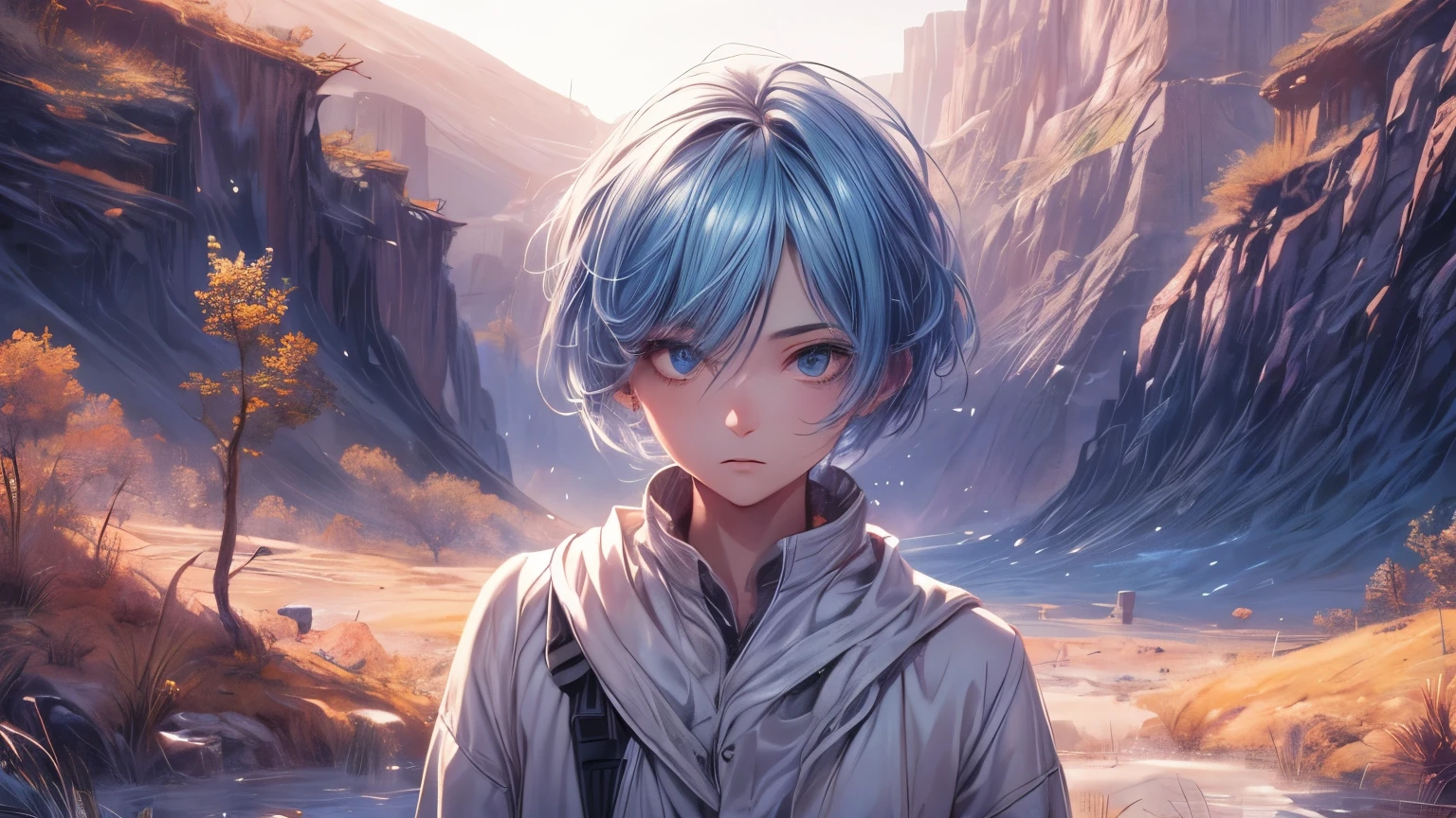 high quality,1 girl,short hair, Super detailed CG illustration of a young man with a calm expression, Stare into the distance,His striking light blue hair blew gently in the desert breeze. The landscape behind him is vast and stunning, Taking viewers into a world of wonder and discovery.More ideas