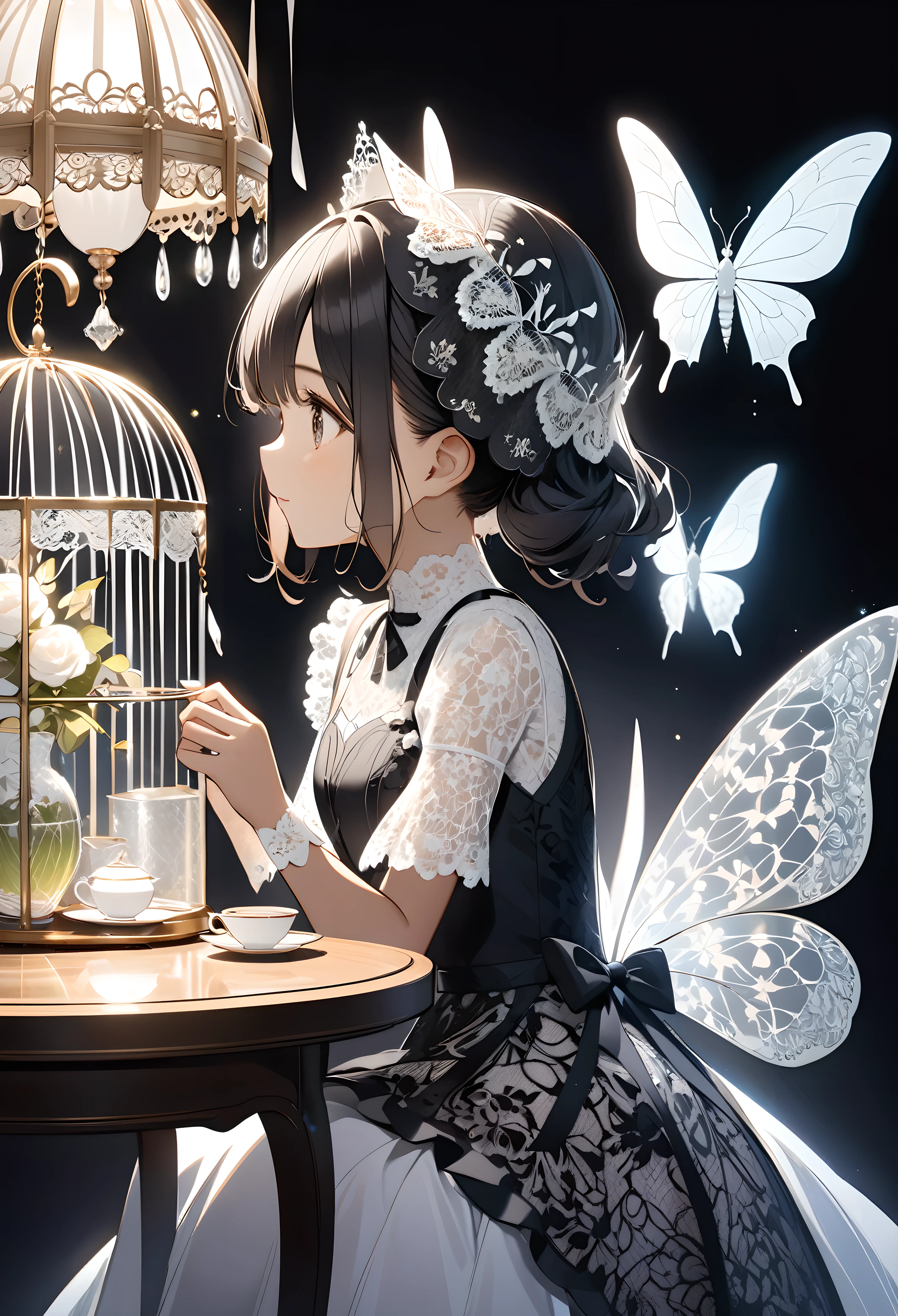 A white lace insect cage, Light-transmitting lace material, Vase-like design for small spaces, All-white lace, Transparent design and advanced weaving technology, Detailed and perfect lace texture, BREAK, A cute devil black girl is trapped inside, Wearing a black dress, Enjoying afternoon tea, (Super minimum Deformation), A dark background that highlights the charm of white lace, Cover the insect cage with a transparent lace., Elegant and delicate white design lace, Girl looking through lace, Light transmission, Dramatic lighting from behind, To maximize the appeal of the race