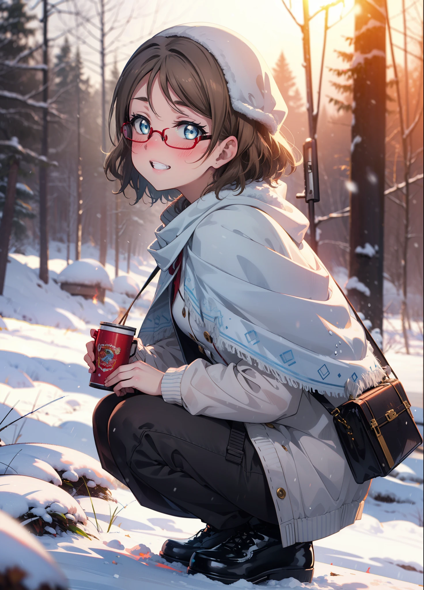 Yo Watanabe, Yu Watanabe, short hair, blue eyes, Brown Hair, smile, Grin,Mid-chest,Black-rimmed glasses,
Open your mouth,snow,Ground bonfire, Outdoor, boots, snowing, From the side, wood, suitcase, Cape, Blurred, having meal, forest, White handbag, nature,  Squat, Mouth closed, Cape, winter, Written boundary depth, Black shoes, red Cape break looking at viewer, Upper Body, whole body, break Outdoor, forest, nature, break (masterpiece:1.2), highest quality, High resolution, unity 8k wallpaper, (shape:0.8), (Beautiful and beautiful eyes:1.6), Highly detailed face, Perfect lighting, Highly detailed CG, (Perfect hands, Perfect Anatomy),