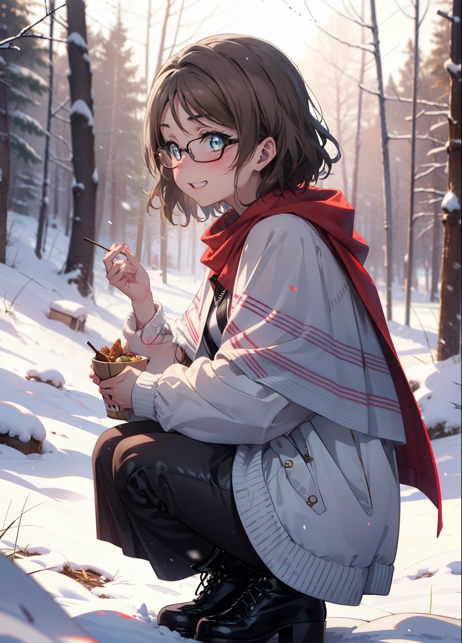 Yo Watanabe, Yu Watanabe, short hair, blue eyes, Brown Hair, smile, Grin,Mid-chest,Black-rimmed glasses,
Open your mouth,snow,Ground bonfire, Outdoor, boots, snowing, From the side, wood, suitcase, Cape, Blurred, having meal, forest, White handbag, nature,  Squat, Mouth closed, Cape, winter, Written boundary depth, Black shoes, red Cape break looking at viewer, Upper Body, whole body, break Outdoor, forest, nature, break (masterpiece:1.2), highest quality, High resolution, unity 8k wallpaper, (shape:0.8), (Beautiful and beautiful eyes:1.6), Highly detailed face, Perfect lighting, Highly detailed CG, (Perfect hands, Perfect Anatomy),