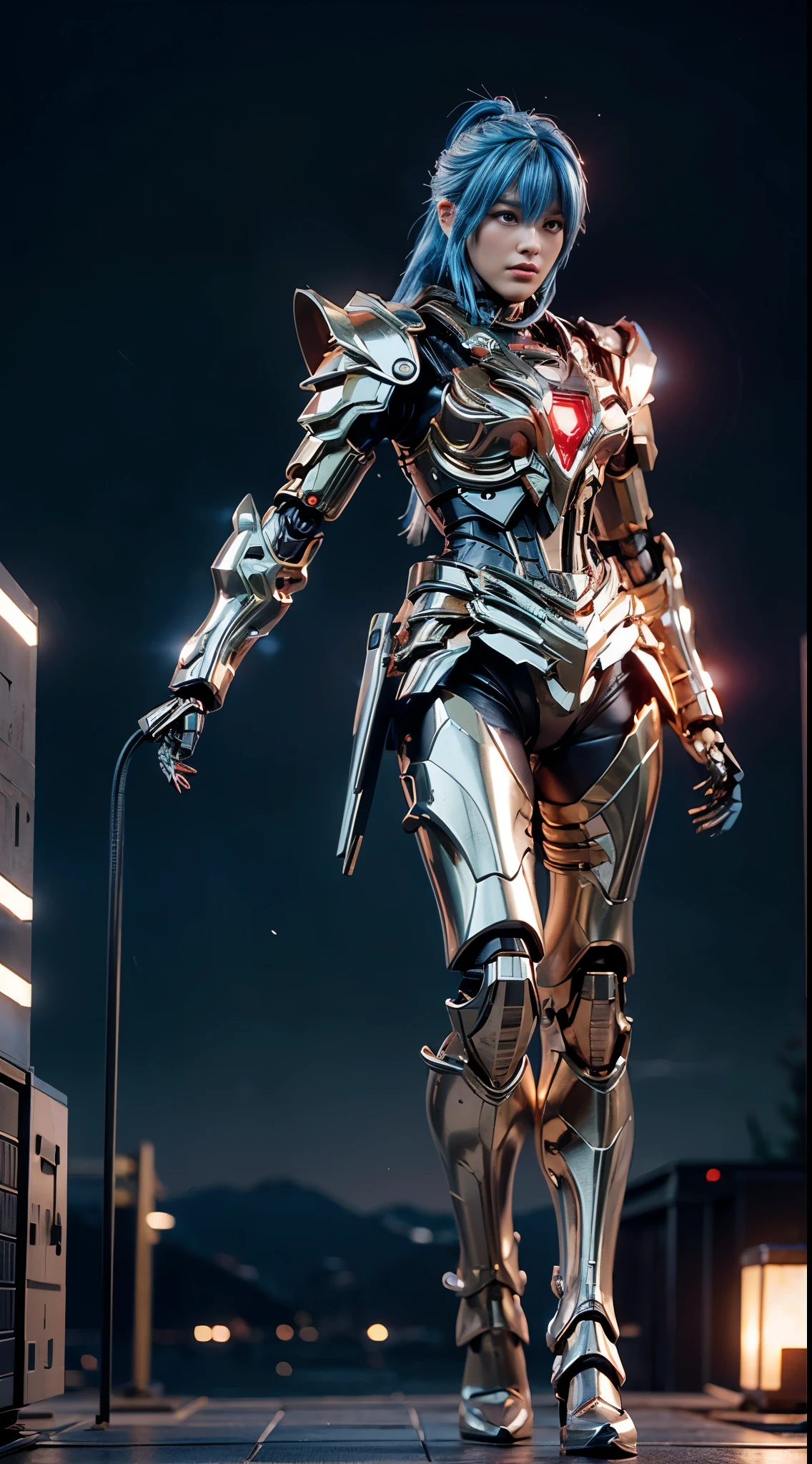 (top-quality:1.2, masterpiece), ultra high resolution, (Photorealsitic:1.4),, (bird-type mechanical heavy armor), (mechanical armor:1.3), light red base with silver and bronze accent, 1 Japanese female soldier, extremely realistic face, (blue hair), ((ultimately intricate all details)), (whole body picture), realistic shadow, octan render, 8K, ultrasharp, character edge light, Details of complex ornaments, Hydraulic cylinder, power cable, dystopia with a beautiful view at night,