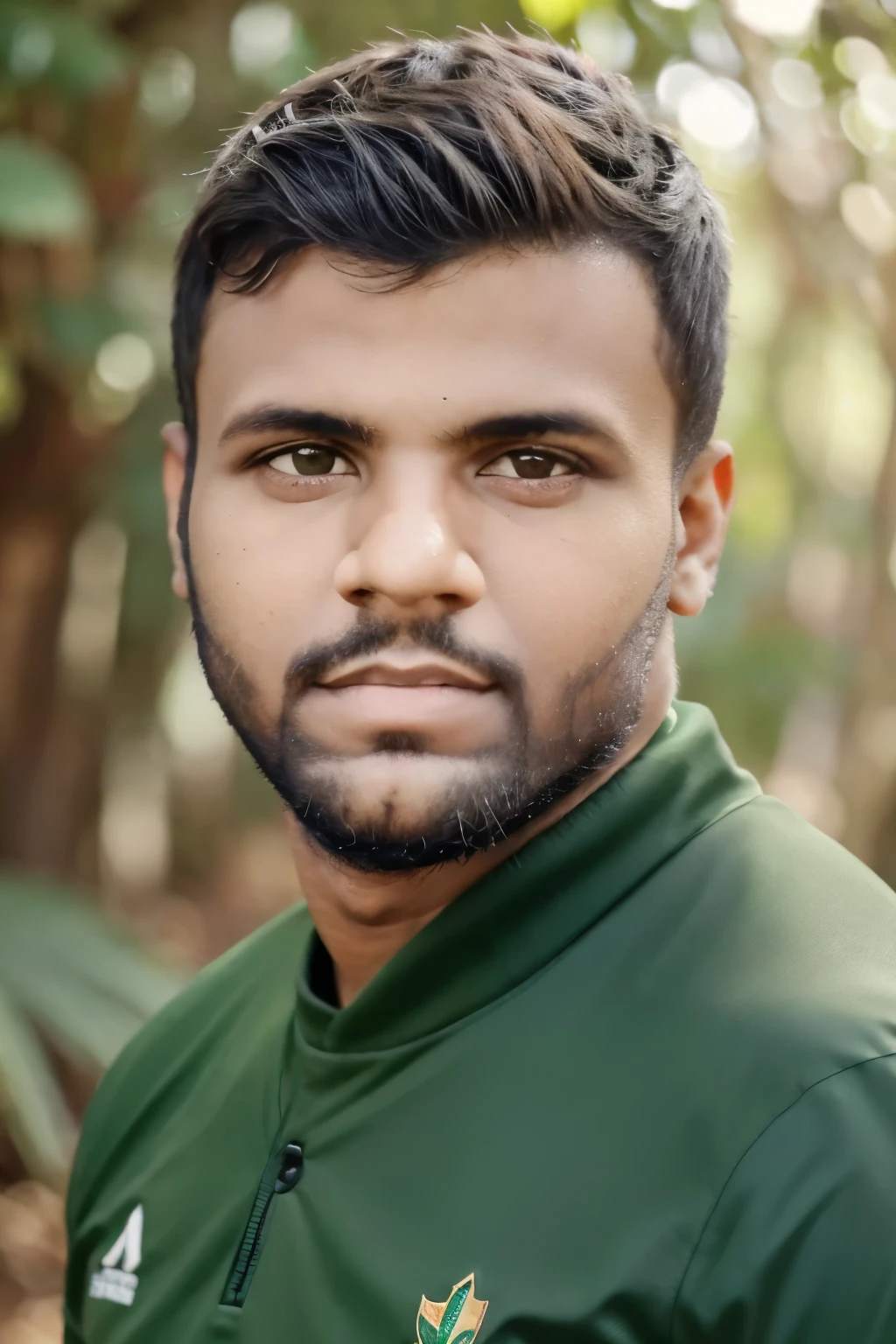 jovem masculino,barba preta,pele branca,olhos verde,realista,olhando para frente,avatar falante,sentado cadeira, fundo natureza. beautiful face, 4k, clear image, High definition