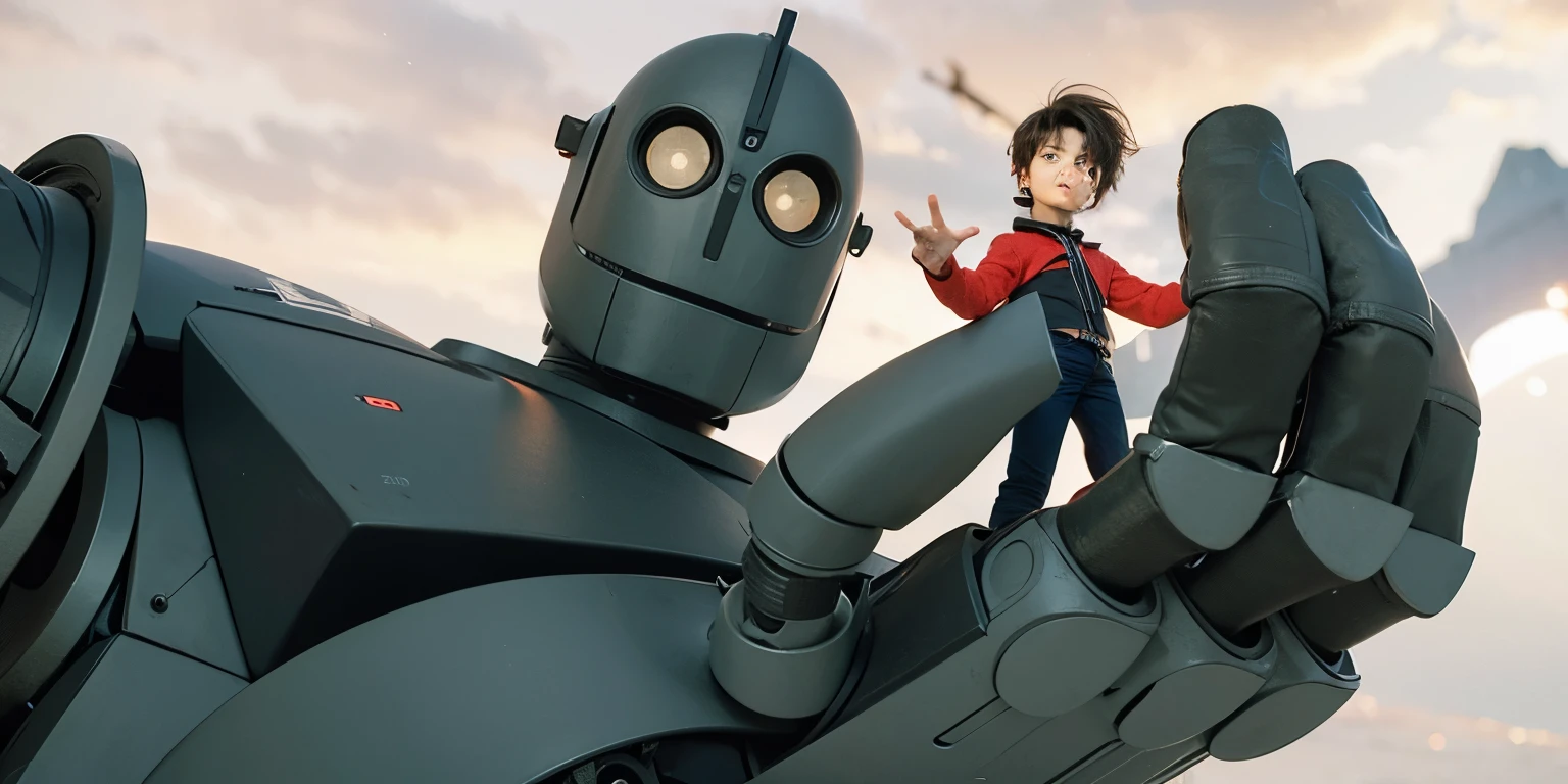 Boy with brown hair, black jacket with red top and sleeves, black collar, blue jeans, iron robot with round glowing eyes