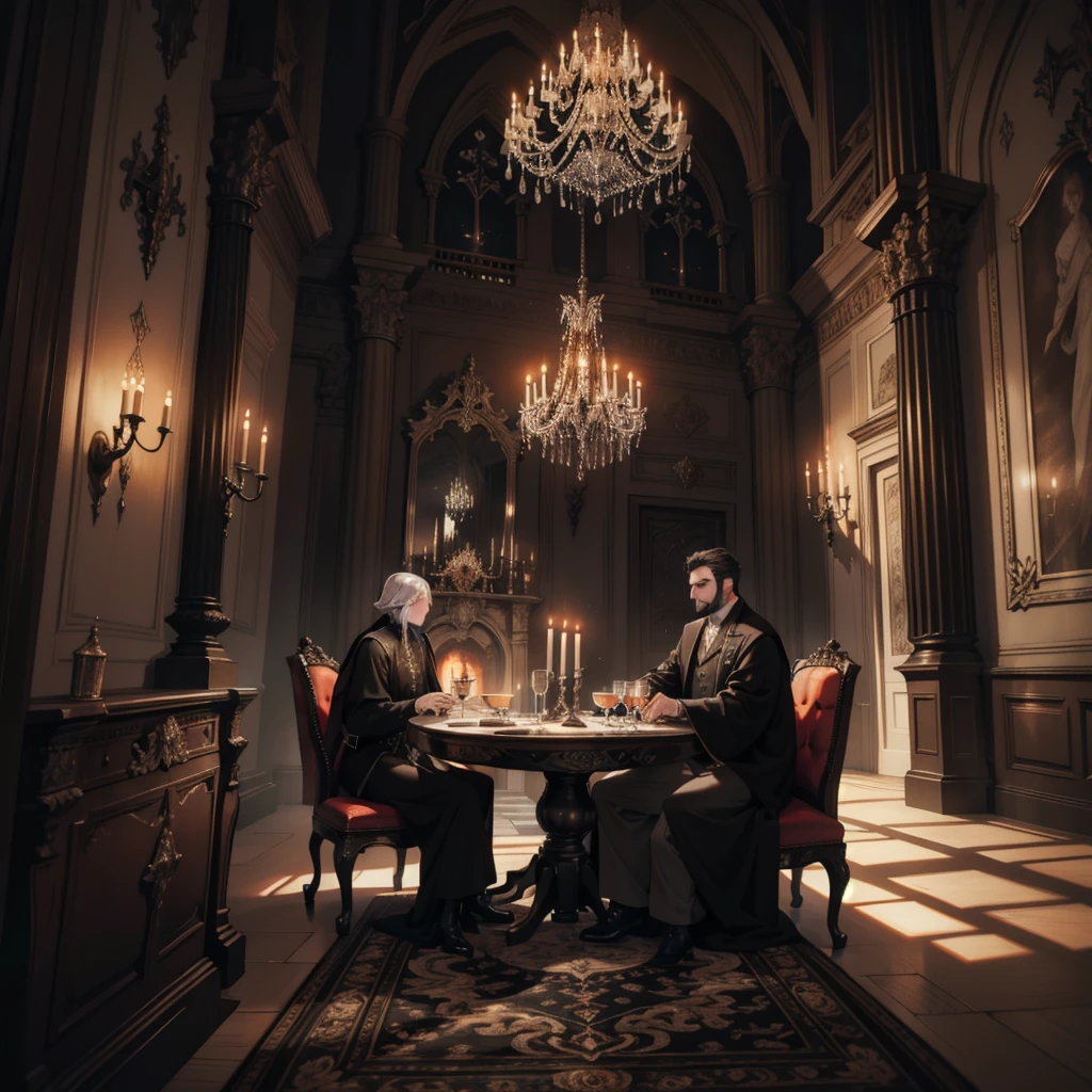 better quality, detailded,8k, obra de arte, Interior Gothic castle, Lounge, Dining table, Shiny,, imposing, Gray stone, detailded, Dark wood floors, Sun sunset, Through the window I could see the sunset sun, Imposing pointed windows, Gothic architecture, Large dark wood dining table, Banquet for two, Two dishes on the table, Medieval woodwoods, candlelit, House of Vampires, Elegant chandelier, dark color theme, Wall art, The camera is far away, Wide field of view, Cinematic feel, cold lighting, Grey stone walls from the Middle Ages, Arte, Varied meals, liquor, long table, palace
