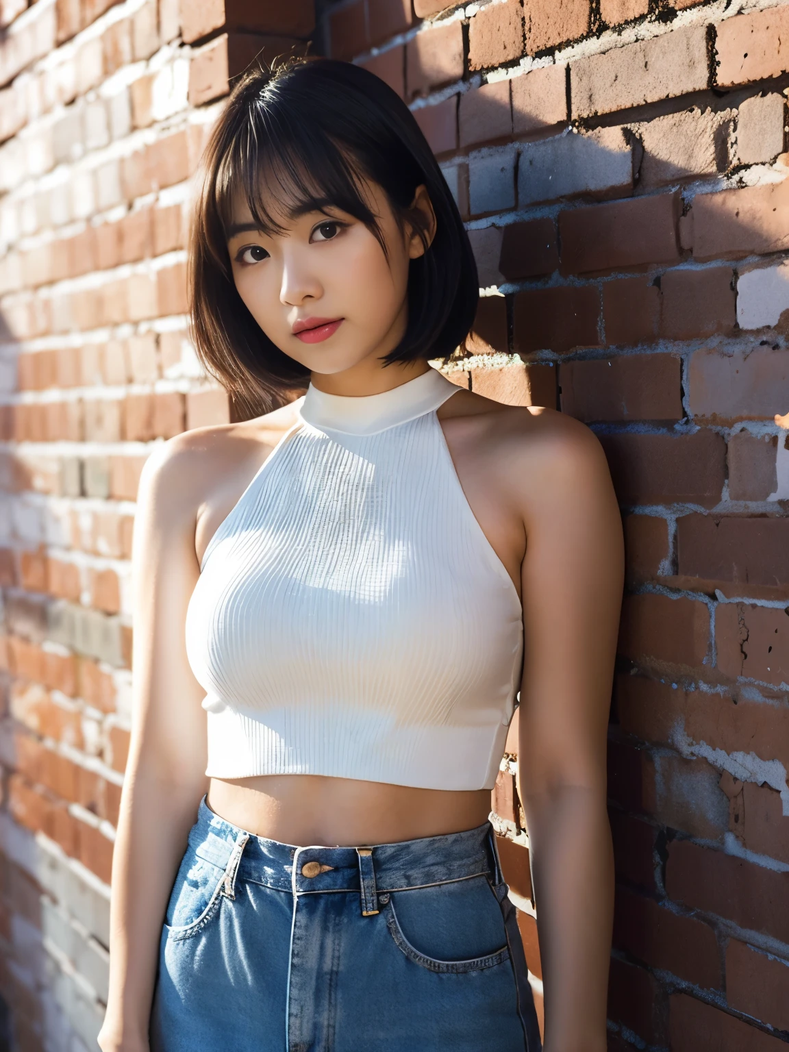 araffe asian woman in a white top leaning against a brick wall, a picture inspired by Ma Yuanyu, tumblr, shin hanga, open v chest clothes, korean girl, gorgeous young korean woman, beautiful south korean woman, halter top, halter-top, wearing a sexy cropped top, beautiful young korean woman, beautiful asian girl, halter neck