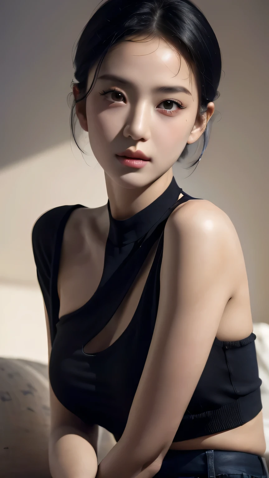 (masterpiece:1.3), (8k, photorealistic, RAW photo, best quality: 1.4), (1girl), beautiful face, (realistic face), (black hair, short hair:1.3), beautiful hairstyle, realistic eyes, beautiful detailed eyes, (realistic skin), beautiful skin, (navy blue sweater), absurdres, attractive, ultra high res, ultra realistic, highly detailed, golden ratio, dark, rim lighting, love lips shape