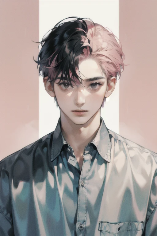 Masterpiece, Best Quality, Ultra Detailed, Floating, High Resolution, 1 boy, gray eyes, pink hair|black hair, Short hair, Detailed Face, gray shirt