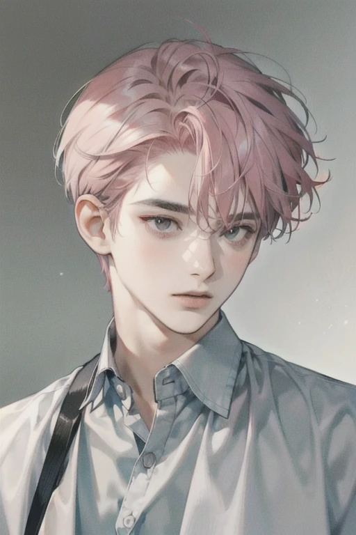 Masterpiece, Best Quality, Ultra Detailed, Floating, High Resolution, 1 boy, gray eyes, pink hair|black hair, Short hair, Detailed Face, gray shirt