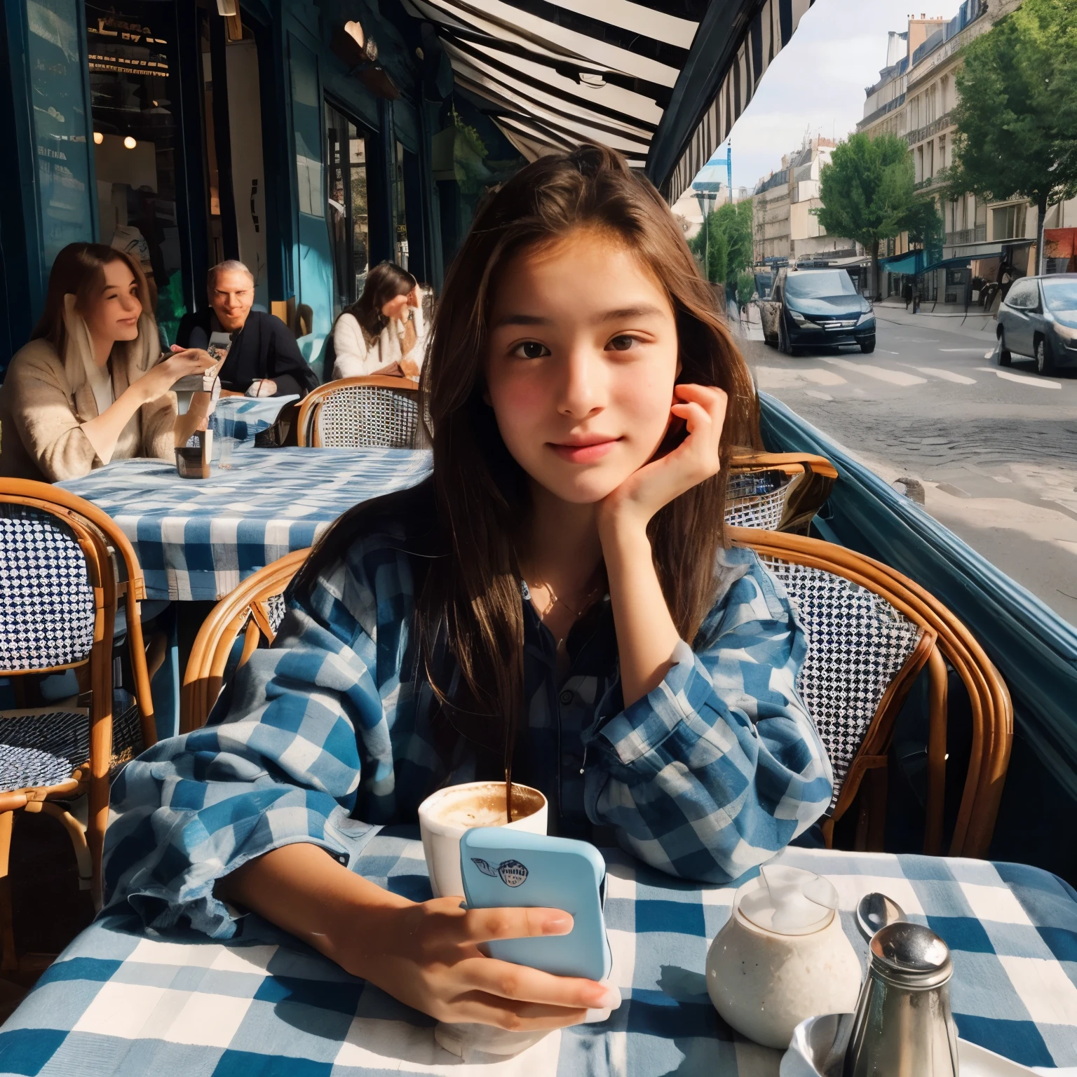 Mood photo for advertising, a 16 yo girl sitting at a coffee table with blue-white-patched table cloth, inside of sidewalk cafe, Close-up selfie, in paris, morning sunshine from window, photorealistic, selfie 