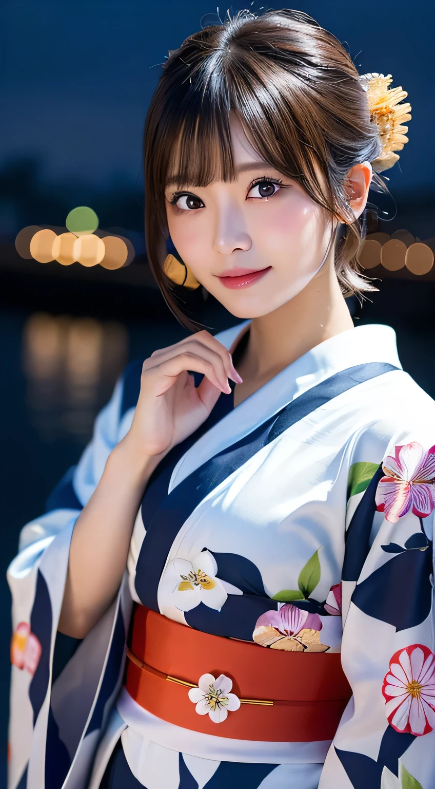(8k、RAW Photosgraphy、highest quality、masterpiece:1.2)、(Realistic、Photorealistic:1.37)、Ultra-high resolution、One Girl、cute、solo、night、Sitting、date、(Nose redness)、(Laughter:1.1)、(Closed)、huge 、Beautiful Eyes、(short hair:1.2)、(((Fireworks bursting into the sky、night)))、(((kimono、yukata)))、Cleavage、Perfect body、Perfect Fingers、Professional Lighting、Japanese Goddess、gravure、Detailed face and skin texture、Detailed eyes、RAW Photos