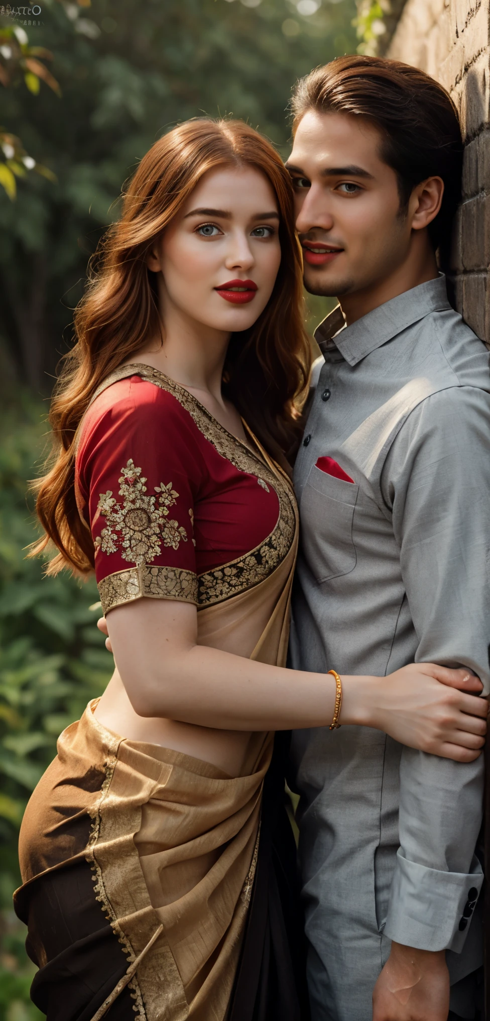 Pornstar jia lissa with her black boyfriend Jason luv, outdoor garden field  sassy photoshoot, (jia wearing full Indian saree ),(red lipstick, sexy bright face), (intricate detailing of face eyes nose mouth full lips & body parts), textured skin, smile:0.6, eyes symmetry, face symmetry, 256K and Jason luv wearing Indian kurta,both are hugging, HDR, hyper realistic, intricate detailing, yotta-pixel image, yocto-pixel detailing, super realistic,4k, HDR, detailed image, full cover saree, full body capture, whole body capture in this picture 