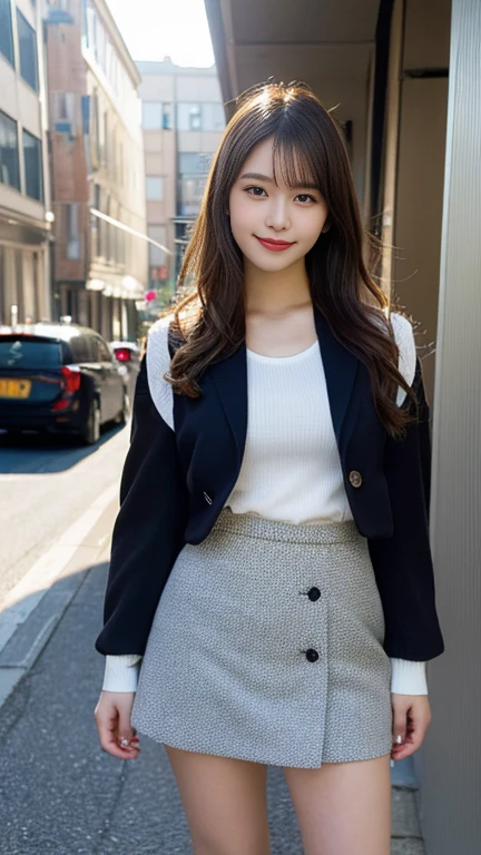 ((Tabletop, highest quality, High resolution, Hmph, Perfect Pixel, 4K, Hmph, Hmph))), One Girl, single, alone, Beauty、The whole body is visible、 ((Mid-wave hair, bangs, Brown Hair)), ((Brown eyes, Beautiful eyelashes, Realistic eyes)), ((Detailed face, Blushing:1.2)), ((Smooth texture:0.75, Realistic texture:0.65, Realistic:1.1, style)), Medium chest, Dynamic Angle, Perfect body, ((Red bow tie, , Black jacket, Open jacket, Brown cardigan, White shirt, Black Skirt, Checked skirt)), City stairs、Looking up from the bottom of the stairs、Very embarrassing panic smile, looked back、Leaning forward、(The wind blew up her skirt, exposing her buttocks..........................、Touch your buttocks with both hands、pink floral lace panties)、