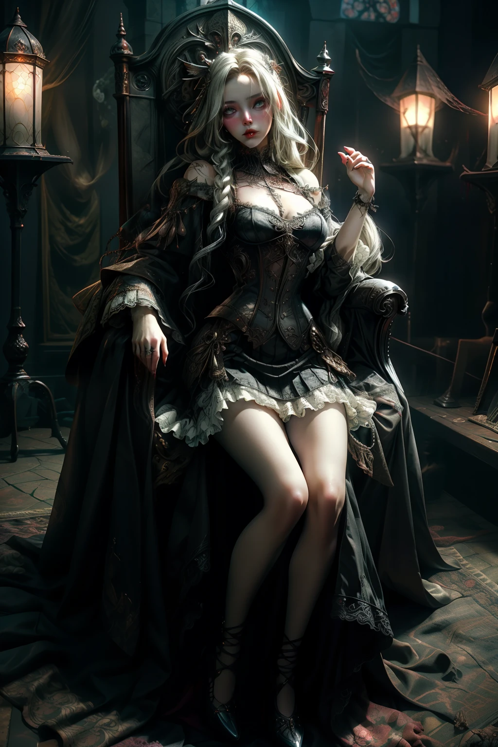 ((best quality)), ((masterpiece)), (detailed), an empty vacant throne, grand in scale and intricacy, blurring the lines between throne and shrine,  Bloodborne inspired,  occult aesthetic, occult, detailed and intricate steampunk and detailed gothic, NSFW, Very dramatic and cinematic lighting, cosmic horror, grim-dark, side-lighting, perfect face, a beaituful goddess valkyrie enshrined in armour, Bloodborne inspired valkyrie, occult aesthetic valkyrie, occult valkyrie, detailed and intricate steampunk and detailed gothic valkyrie, Fluttering lace flared long knee length dress with frilly petticoats, long dress, knee length dress, pleated petticoats, lolita dress, petticoats gothic lolita, side-lighting, NSFW, gothic lolita, beautiful small breasts, full body, whole body, body, NSFW