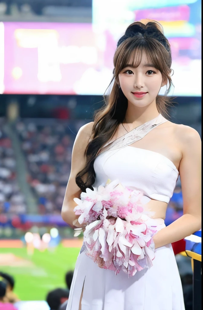 Shandong Geological Survey,1 girl,Asian,Cheerleader,(background: stadium),outdoor,looking at the audience,photoactual,actual,solitary,Flowers,Blue sky and white clouds,audience,Highest Numbers,underwear,Ultra HD resolution,Super thin face,Long eyelashes,very delicate lips,Delicateeyes,Double eyelids,Makeup face. Hair accessories,elegant,enchanting,photoPractical,Practical