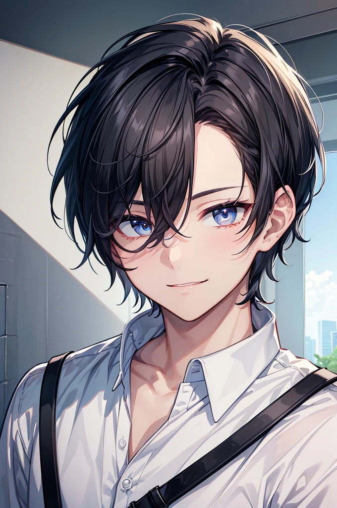 (masterpiece),(top-quality),(ultra-detailliert),hight resolution,in 8K animation,1boy,black hair,(very short hair),(forehead),gray eyes,cool eyes,handsome,grinning,(beautifull detailed face),(beatiful detailed eyes),18 years old