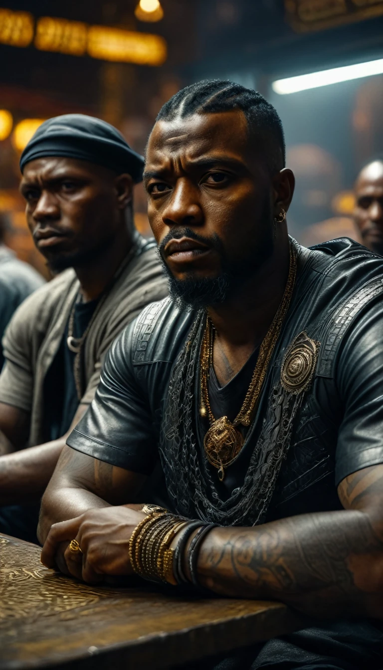 a group of menacing looking african thugs with tattoos, sitting in the market, terminal,
digital UHD (k) image, cinematic film still dramatic side lighting, dramatic intense stare closeup portrait,  hdr,  shallow depth of field, vignette, highly detailed, high budget Hollywood film, cinemascope, moody, epic, gorgeous
, Highly detailed and clean, Photorealistic and cinematic masterpiece, professional photography, realistic, realism, 200k , Raytracing and light effect , digital, perfect composition, beautiful detailed intricate insanely detailed octane render trending on artstation, 8 k artistic photography, photorealistic concept art, soft natural volumetric cinematic perfect light, award - winning photograph, masterpiece, raphael, caravaggio, greg rutkowski, beeple, beksinski, giger