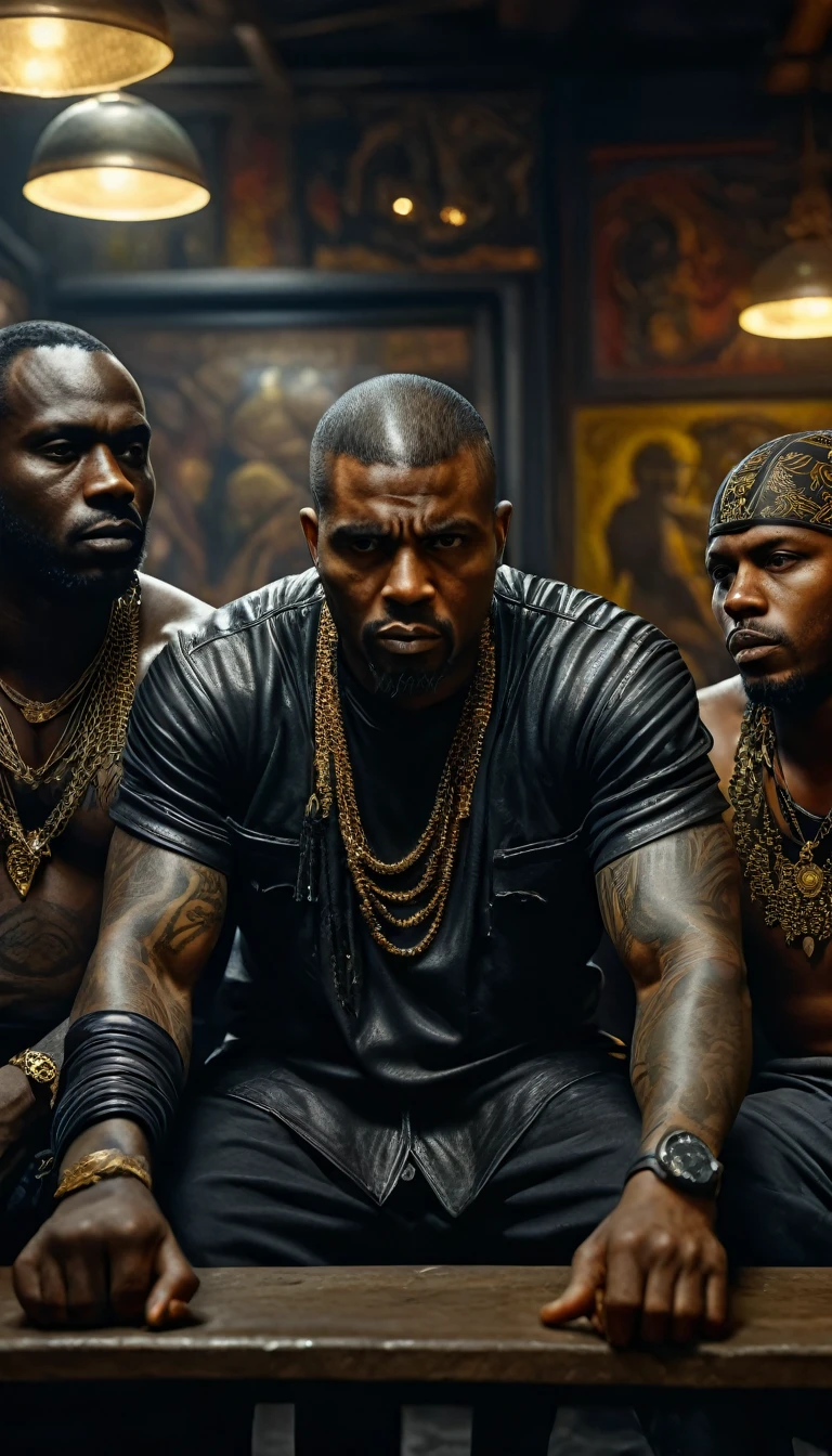 a group of menacing looking african thugs with tattoos, sitting in the market, terminal,
digital UHD (k) image, cinematic film still dramatic side lighting, dramatic intense stare closeup portrait,  hdr,  shallow depth of field, vignette, highly detailed, high budget Hollywood film, cinemascope, moody, epic, gorgeous
, Highly detailed and clean, Photorealistic and cinematic masterpiece, professional photography, realistic, realism, 200k , Raytracing and light effect , digital, perfect composition, beautiful detailed intricate insanely detailed octane render trending on artstation, 8 k artistic photography, photorealistic concept art, soft natural volumetric cinematic perfect light, award - winning photograph, masterpiece, raphael, caravaggio, greg rutkowski, beeple, beksinski, giger