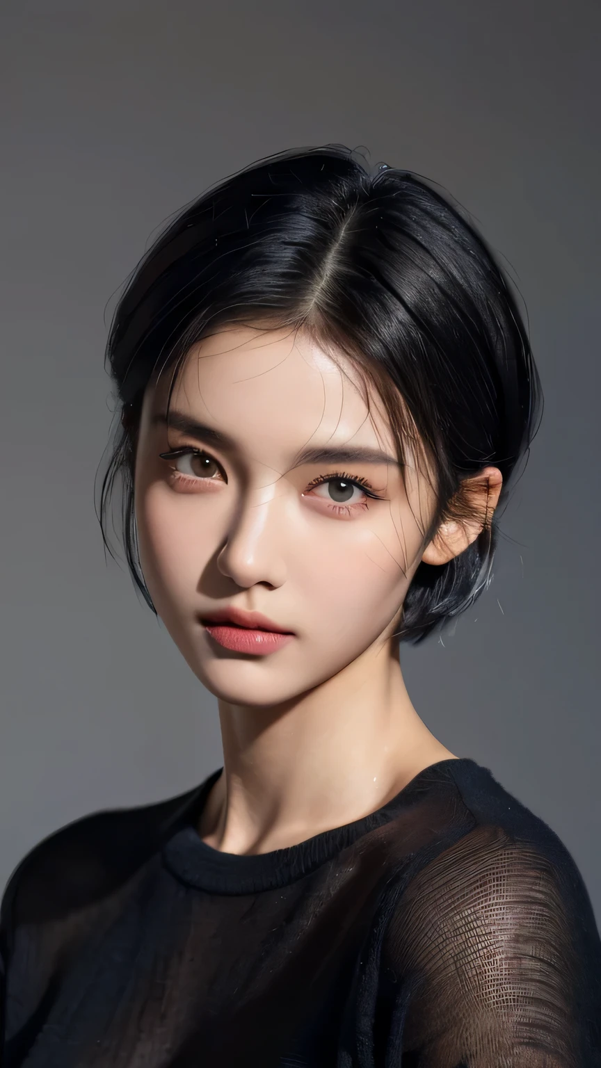 (masterpiece:1.3), (8k, photorealistic, RAW photo, best quality: 1.4), (1girl), beautiful face, (realistic face), (black hair, short hair:1.3), beautiful hairstyle, realistic eyes, beautiful detailed eyes, (realistic skin), beautiful skin, (navy blue sweater), absurdres, attractive, ultra high res, ultra realistic, highly detailed, golden ratio, dark, rim lighting