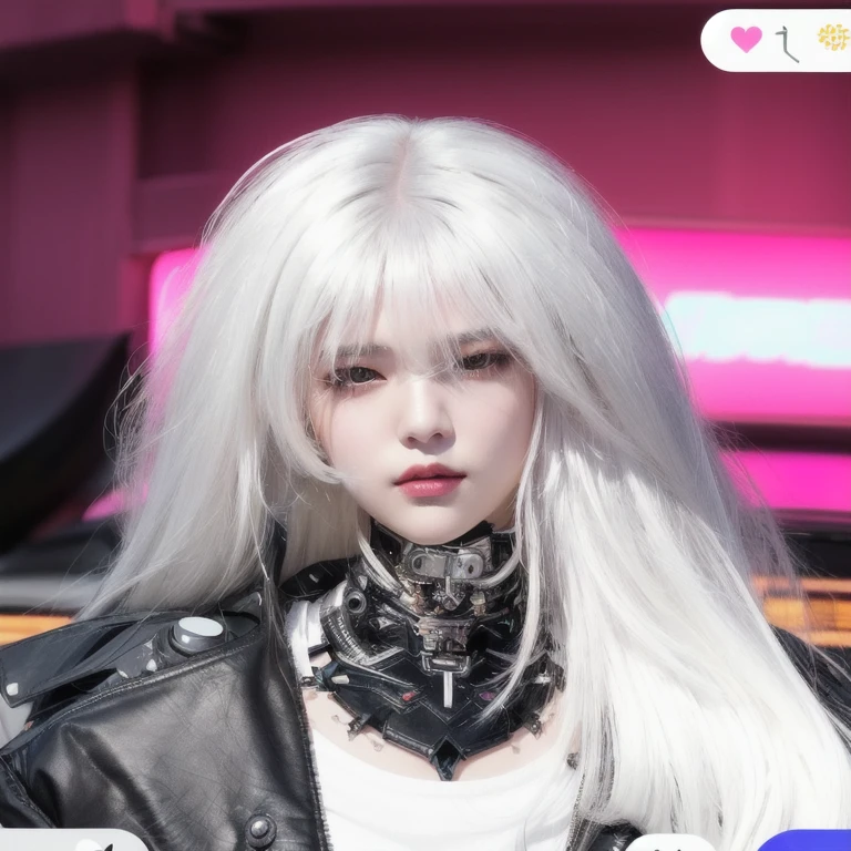 there is a woman with white hair and a black leather jacket, white-hair pretty face, highly_detailed_face!!!, with very highly detailed face, cruel korean goth girl, white haired, lalisa face, intense white hair, cyborg - girl with silver hair, , with long white hair, detailed white long hair, with pearcing lips