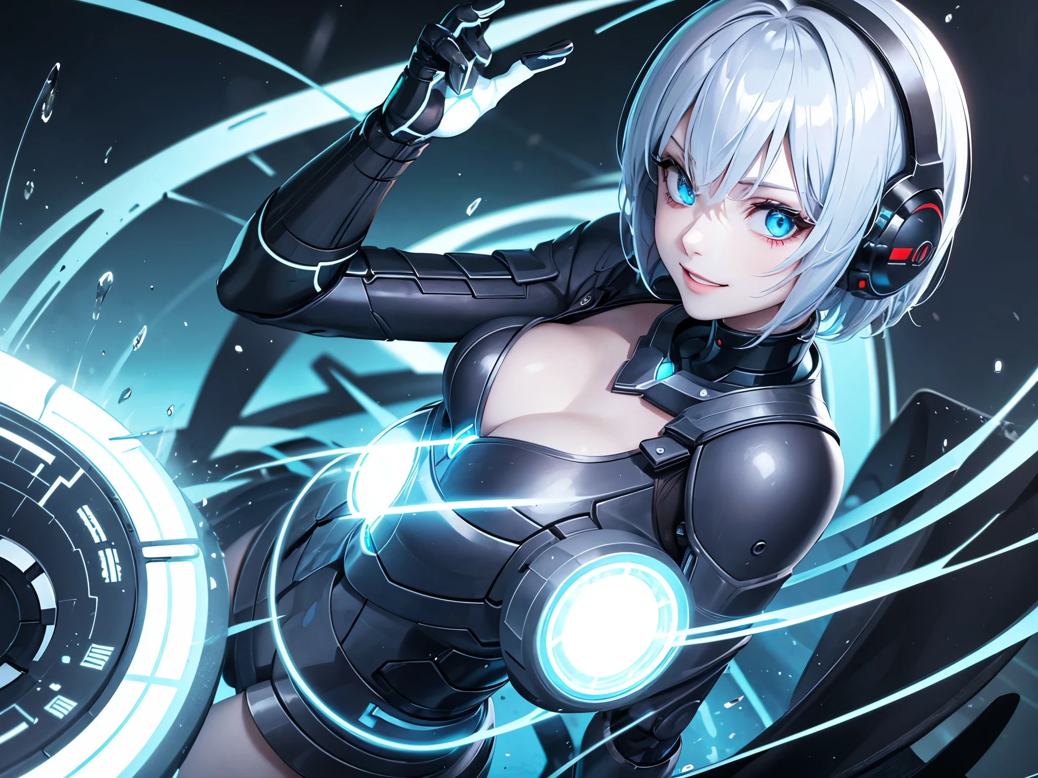 girl, Light blue eyes, Glowing Eyes, Wicked Smile, student, cyborg, cyber punk, whole body, masterpiece, short hair,