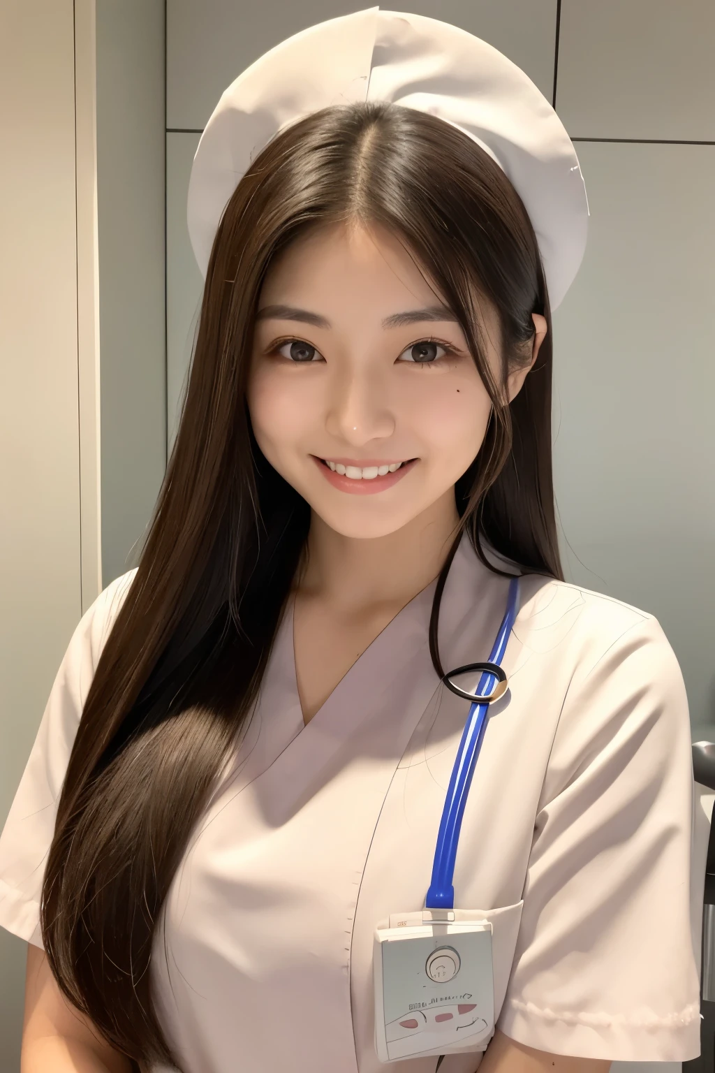 Japanese
Age 20
Front view
lighting photography
white background
Smile
Japanese skin color
medium dark brown long hair
ends of the hair are bright
dimples
small I have dimples
double teeth
mole under eye
brown eyes
droopy eyes
nurse costume