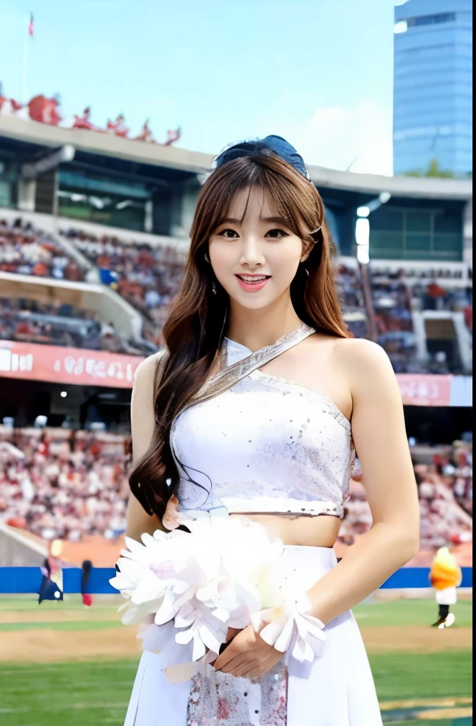 Shandong Geological Survey,1 girl,Asian,Cheerleader,(background: stadium),outdoor,looking at the audience,photoactual,actual,solitary,Flowers,Blue sky and white clouds,audience,Highest Numbers,underwear,Ultra HD resolution,Super thin face,Long eyelashes,very delicate lips,Delicateeyes,Double eyelids,Makeup face. Hair accessories,elegant,enchanting,photoPractical,Practical