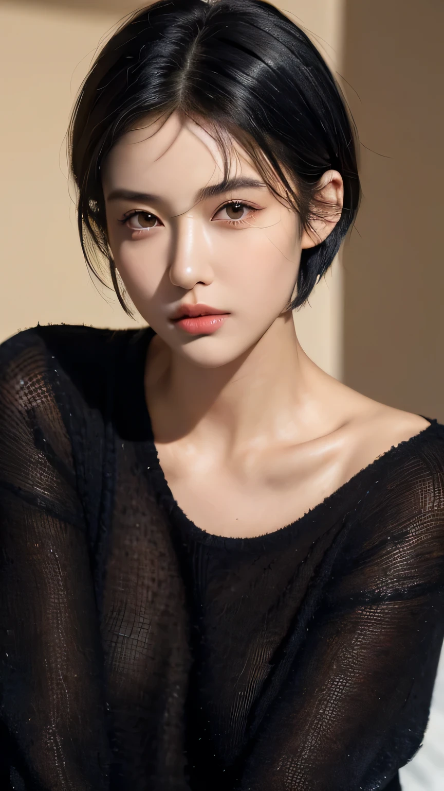 (masterpiece:1.3), (8k, photorealistic, RAW photo, best quality: 1.4), (1girl), beautiful face, (realistic face), (black hair, short hair:1.3), beautiful hairstyle, realistic eyes, beautiful detailed eyes, (realistic skin), beautiful skin, (navy blue sweater), absurdres, attractive, ultra high res, ultra realistic, highly detailed, golden ratio, dark, rim lighting