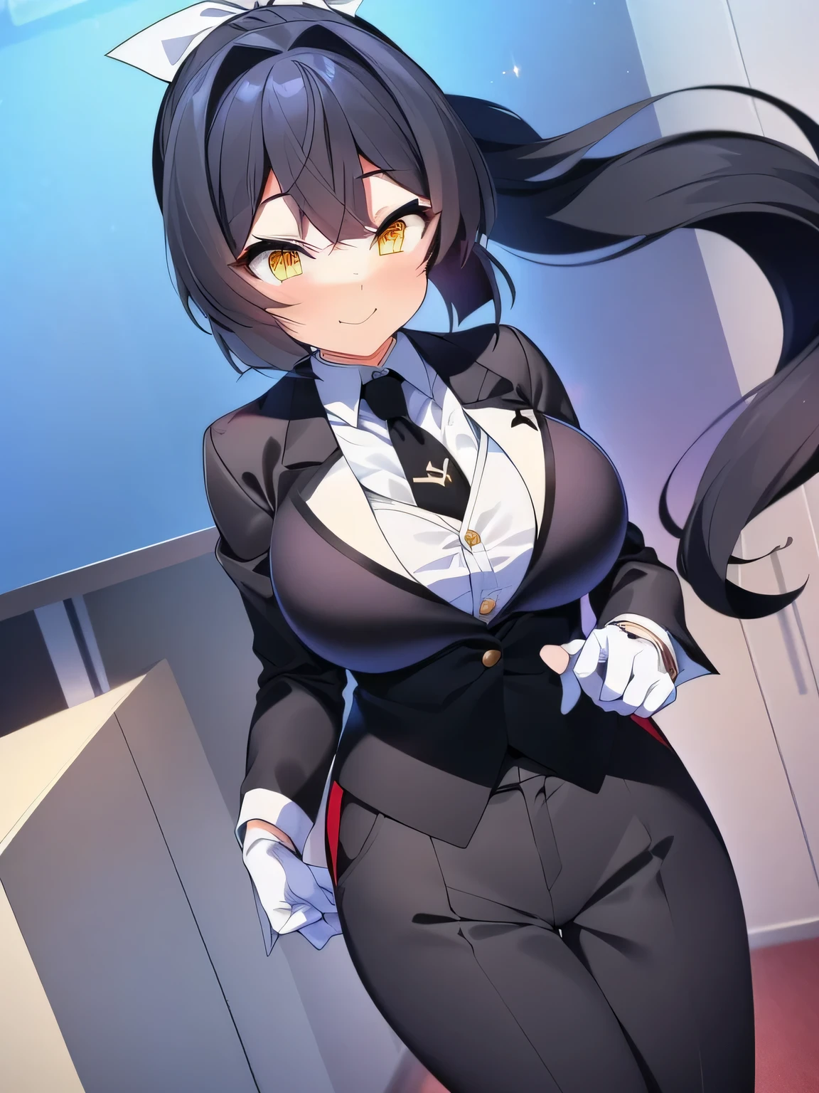 ((The best image quality、the best、1 girl、Drawing in detail))、
Black Hair、ponytail、White ribbon、Long Hair、Straight hair、
Yellow Eyes、Active facial expression、Large Breasts、smile、Mouth closed、

((Butler's clothes、Black formal suit、suit pants、tie、Tuxedo、Crotch line、White gloves、No pause、Standing in order、Wearing clothes、Matte))、(Social meeting、Party Venue)
