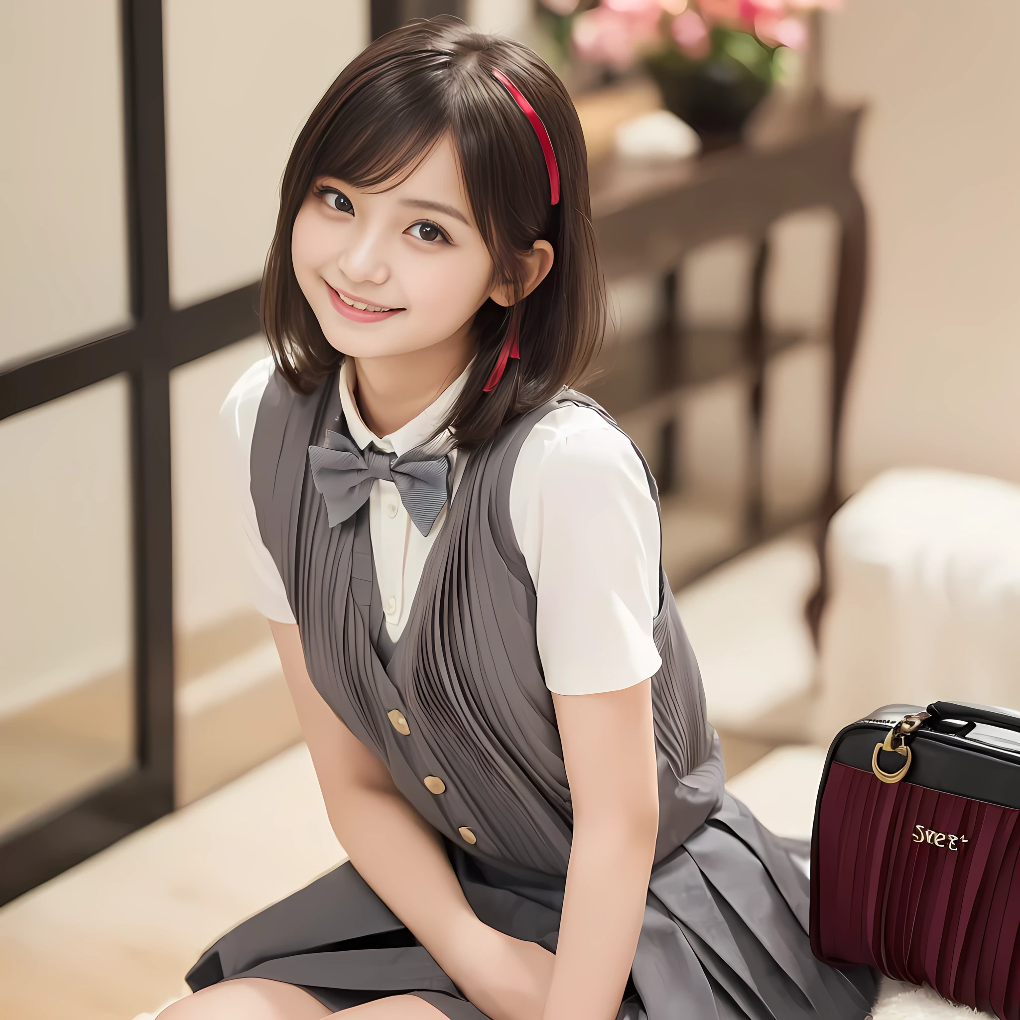 (highest quality, masterpiece:1.2), highest quality, Realistic, photograph, High resolution, 1080p, 8K, Physical Rendering, ((Height: 158cm)), solo, (((((((A ************ sweet girly Japanese fashion model is seated like a fashion model and shyly smiling at the viewer))))))), solo, (((big very detailed Japanese beautiful dark brown eyes))), ((loving and laughing at me!)), detailed fingers, ((curled blunt bangs)), ((((Very noble and cute eyes)))), ((double eyelids)), (((long eyelashes))), ((cute lovely lovely laughing laughing cheeks)), (((very expressive noble smile, very sweet, very lovely face, very shy))), ((((deep red ribbon bow tie)))), ((((black very beautiful and short straight bobbed hair)))), ((((gray box-pleats knee-length skirt and grey vest)))), ((((A ivory summer blouse with puffed short sleeves)))), ((women's clothes department)), ((complexion lightening)), ((music room)), (((white socks and loafers))), ((Leather student bag)), tight waist, (((fat calves)))