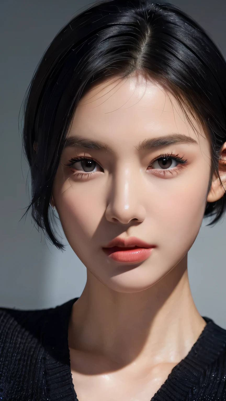 (masterpiece:1.3), (8k, photorealistic, RAW photo, best quality: 1.4), (1girl), beautiful face, (realistic face), (black hair, short hair:1.3), beautiful hairstyle, realistic eyes, beautiful detailed eyes, (realistic skin), beautiful skin, (navy blue sweater), absurdres, attractive, ultra high res, ultra realistic, highly detailed, golden ratio, dark, rim lighting