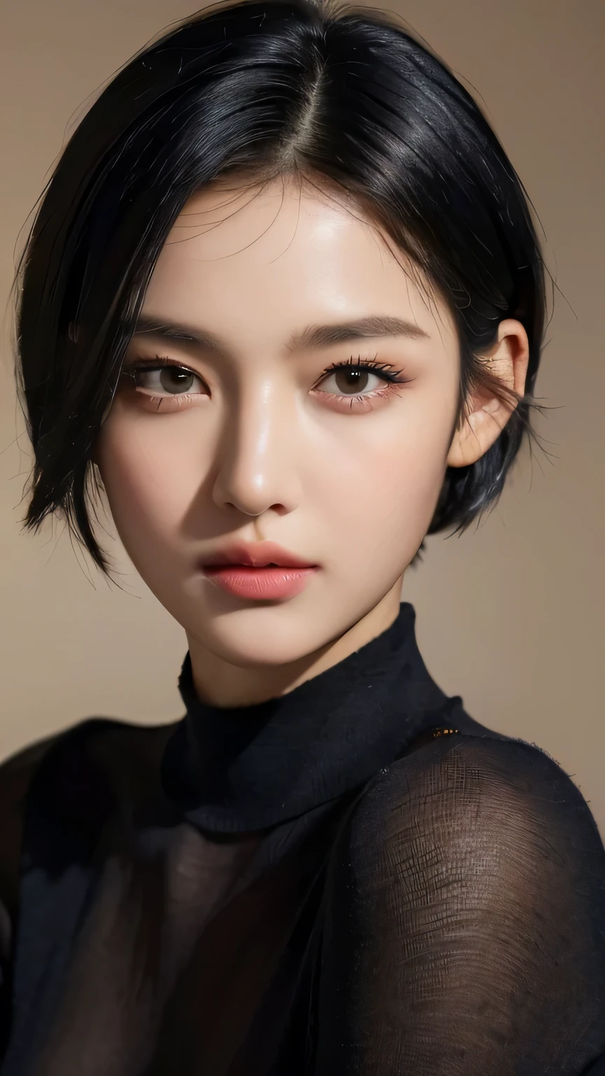 (masterpiece:1.3), (8k, photorealistic, RAW photo, best quality: 1.4), (1girl), beautiful face, (realistic face), (black hair, short hair:1.3), beautiful hairstyle, realistic eyes, beautiful detailed eyes, (realistic skin), beautiful skin, (navy blue sweater), absurdres, attractive, ultra high res, ultra realistic, highly detailed, golden ratio, dark, rim lighting