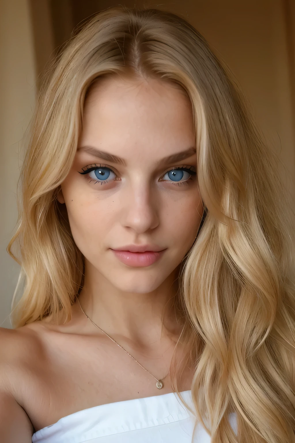 blonde hot woman with blue eyes and long hair posing for a selfie, 18 years, super realistic, 8k, beautiful natural skin, photorealistic, model face, seduction