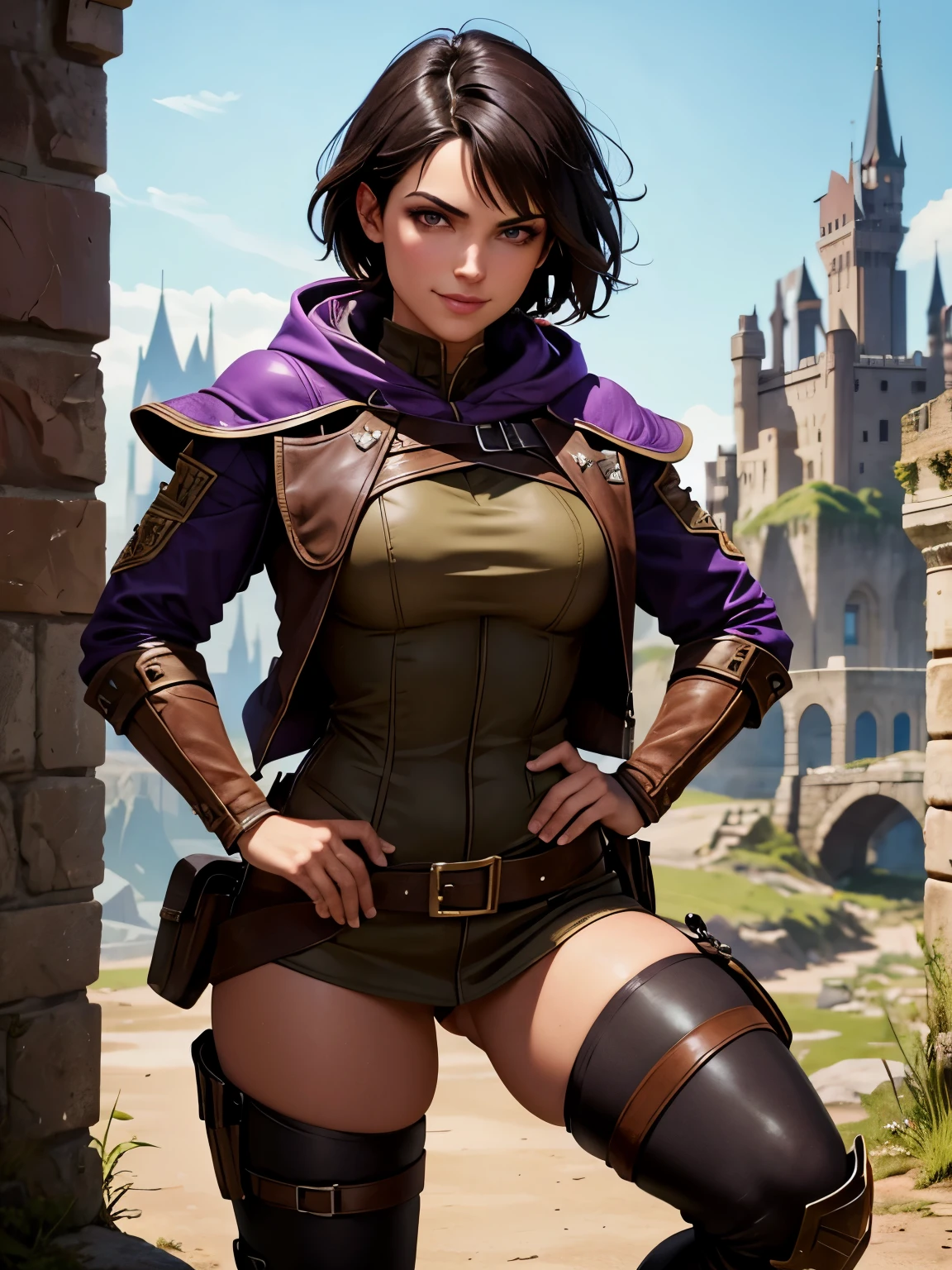 A female ranger wearing brown leathers with a purple hood, detailed gold eyes, short pixie black hair, fantasy ranger, purple hood, intense dangerous expression and smile. Detailed hands. ((Detailed eyes. Detailed face)). Show her  facing the camera, castle ruins background, full body shot. vibrant colors., high quality, high resolution, masterpiece, (High resolution), (high quality), (sharp focus), (best quality),