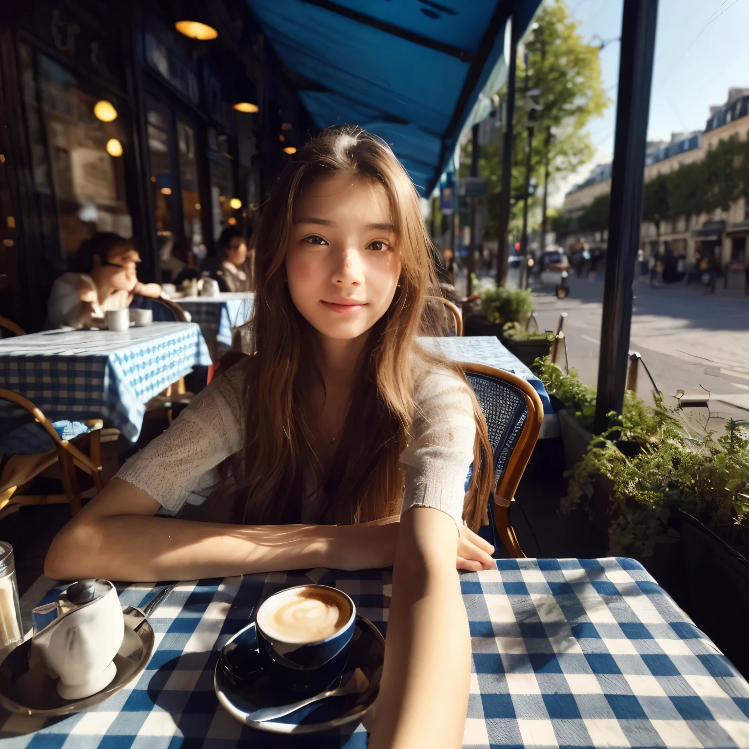 Mood photo for advertising, a  girl sitting at a coffee table with blue-white-patched table cloth, inside of sidewalk cafe, Close-up selfie, in paris, morning sunshine from window, photorealistic, selfie 