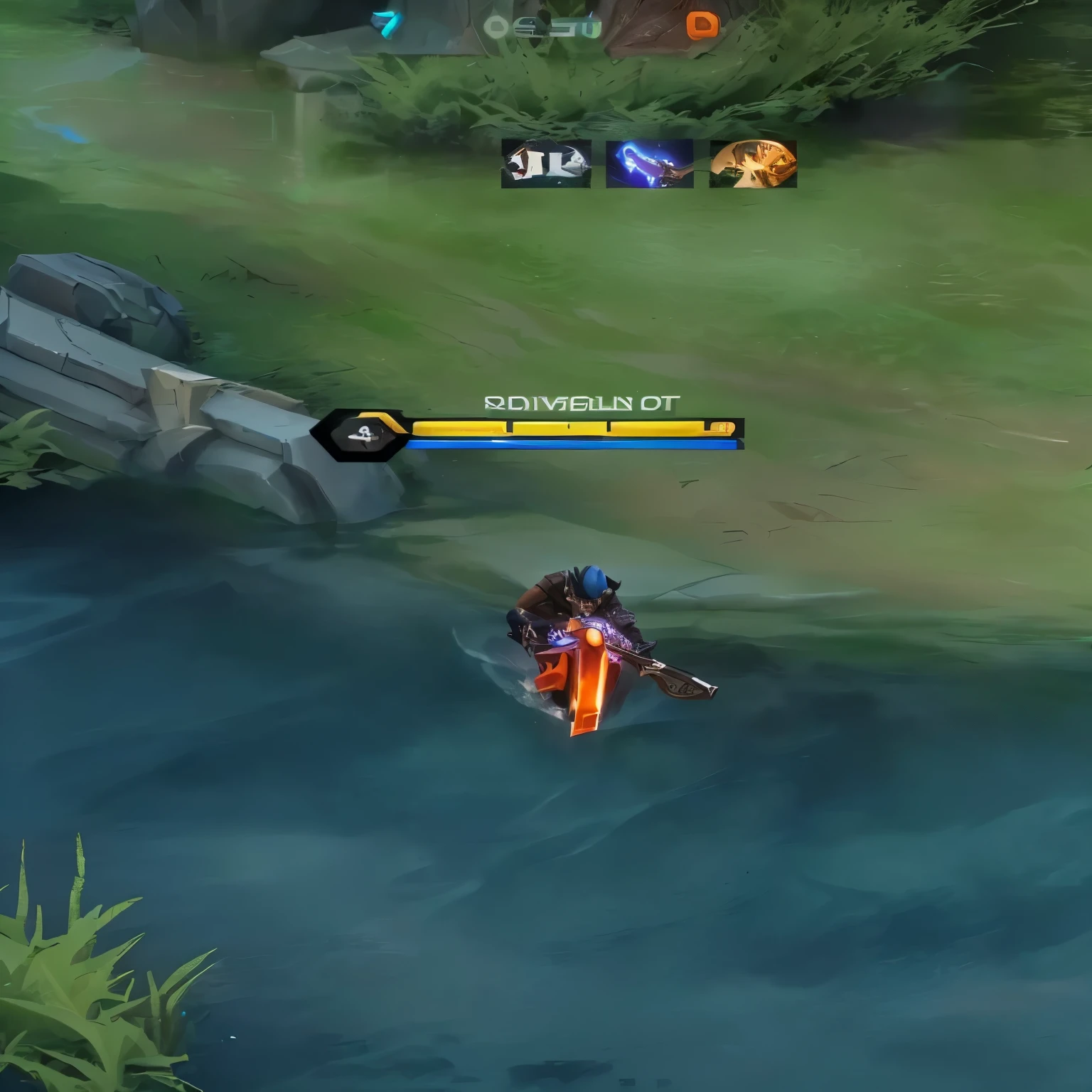 a close up of a person on a motorcycle in a river, lag in the game, league of legends style, is this loss?, sword stuck in a pond island, style of league of legends, league of legends champion, from league of legends, gameplay screenshot with ui, style league of legends, video game skill ability, pc game with ui