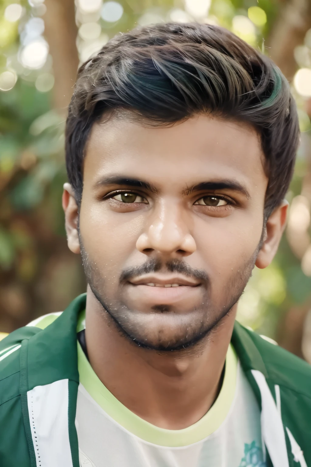 jovem masculino,barba preta,pele branca,olhos verde,realista,olhando para frente,avatar falante,sentado cadeira, fundo natureza. beautiful face, 4k, clear image, High definition
