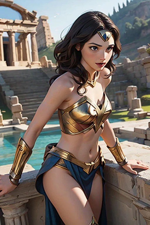 Gal Gadot como Mulher Maravilha angulo holandes, Athena temple scene