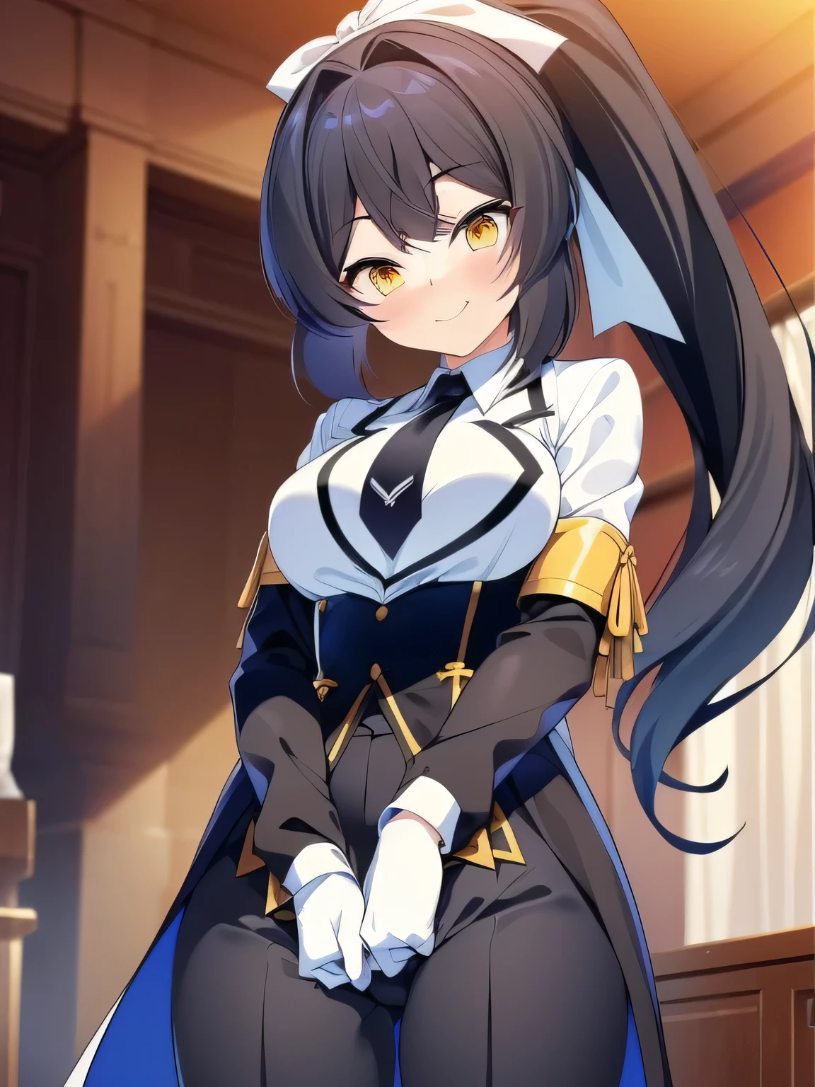 ((The best image quality、the best、1 girl、Drawing in detail))、
Black Hair、ponytail、White ribbon、Long Hair、Straight hair、
Yellow Eyes、Active facial expression、Large Breasts、smile、Mouth closed、looking at the camera、

((Butler's clothes、Black formal suit、suit pants、tie、Tuxedo、Crotch line、White gloves、No pause、Standing in order、Wearing clothes、Matte))、(Social meeting、Party Venue)
