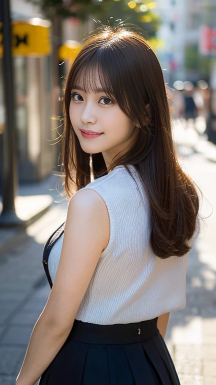 (highest quality,masterpiece:1.3,Ultra-high resolution,Surreal),(Photorealistic,Very detailed,Caustics,8K),(Very detailed,Realistic:1.4,RAW shooting),1 girl,JK,(Smiling and looking down at the camera),(Front shot:1.1),(Look forward),,Super cute,high school girl、(bright personality),Japanese,glamorous,(Big Boobs),(close),(Chest focus),street,sunlight,Natural light,(Backlight),(A bright light shines from behind),(Lens flare),Professional writing,uniform,(mini skirt),(Trendy Fashion),(Full Body Shot),(No makeup)