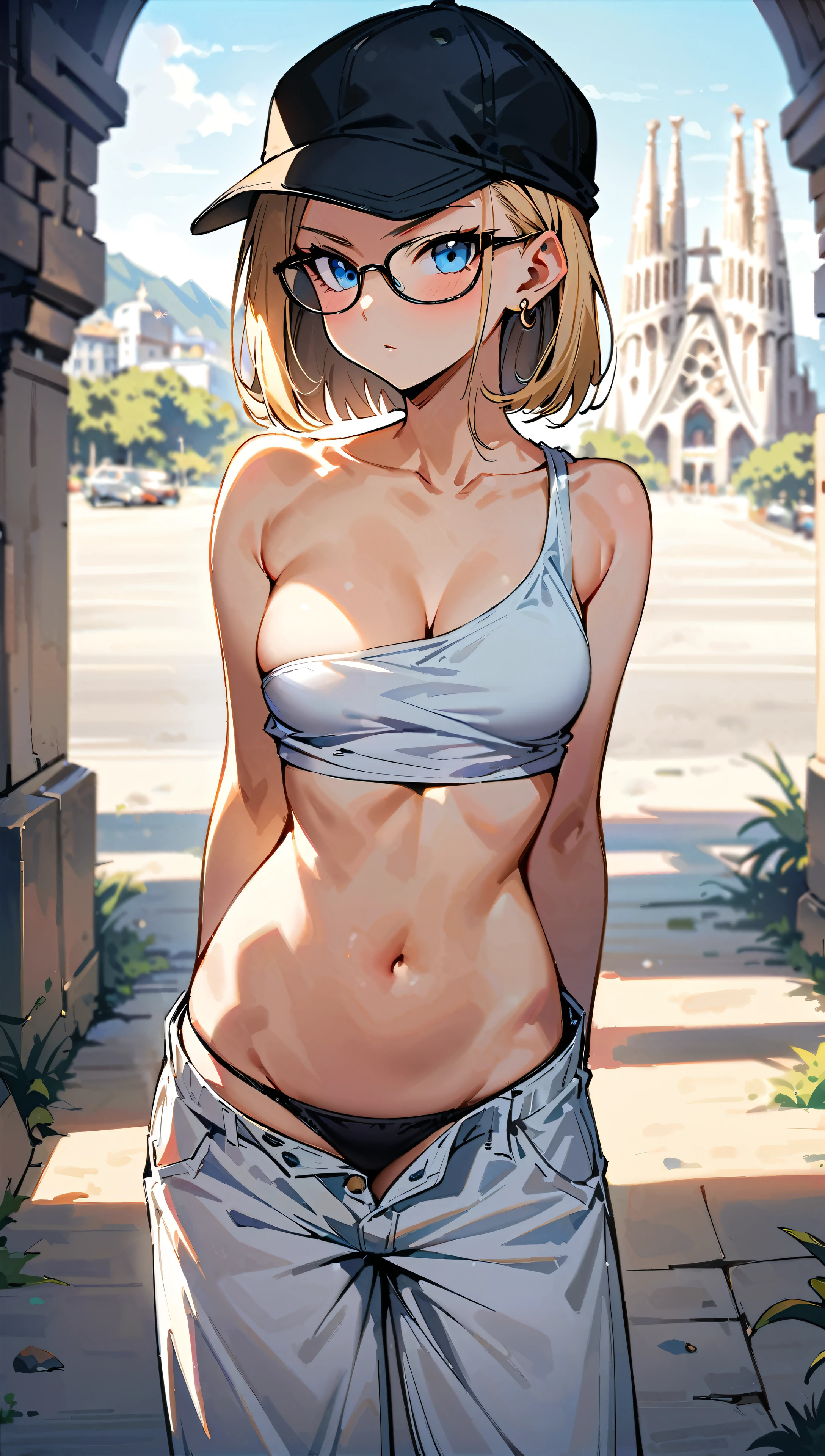 (masterpiece, best quality:1.2), full body shot, solo, Android 18 from Dragon Ball, collarbone, cleavage, ((slip-on one-shoulder crop top)), (light gray top:1.2), no jacket, midriff-baring, navel, ((white baggy pants with one button undone)), skimpy thong swimsuit, small breasts, short blonde hair loose, ((blue eyes)), ((wearing glasses)), earrings on earlobes, slender feminine figure, narrow waistline, skinny body, (plane black cap), (cap without logo), beach sandals, sunlight, looking back, looking at viewer, light blush, arms behind back, Sagrada Familia, outside, natural lighting and shadows, blur background, 4K