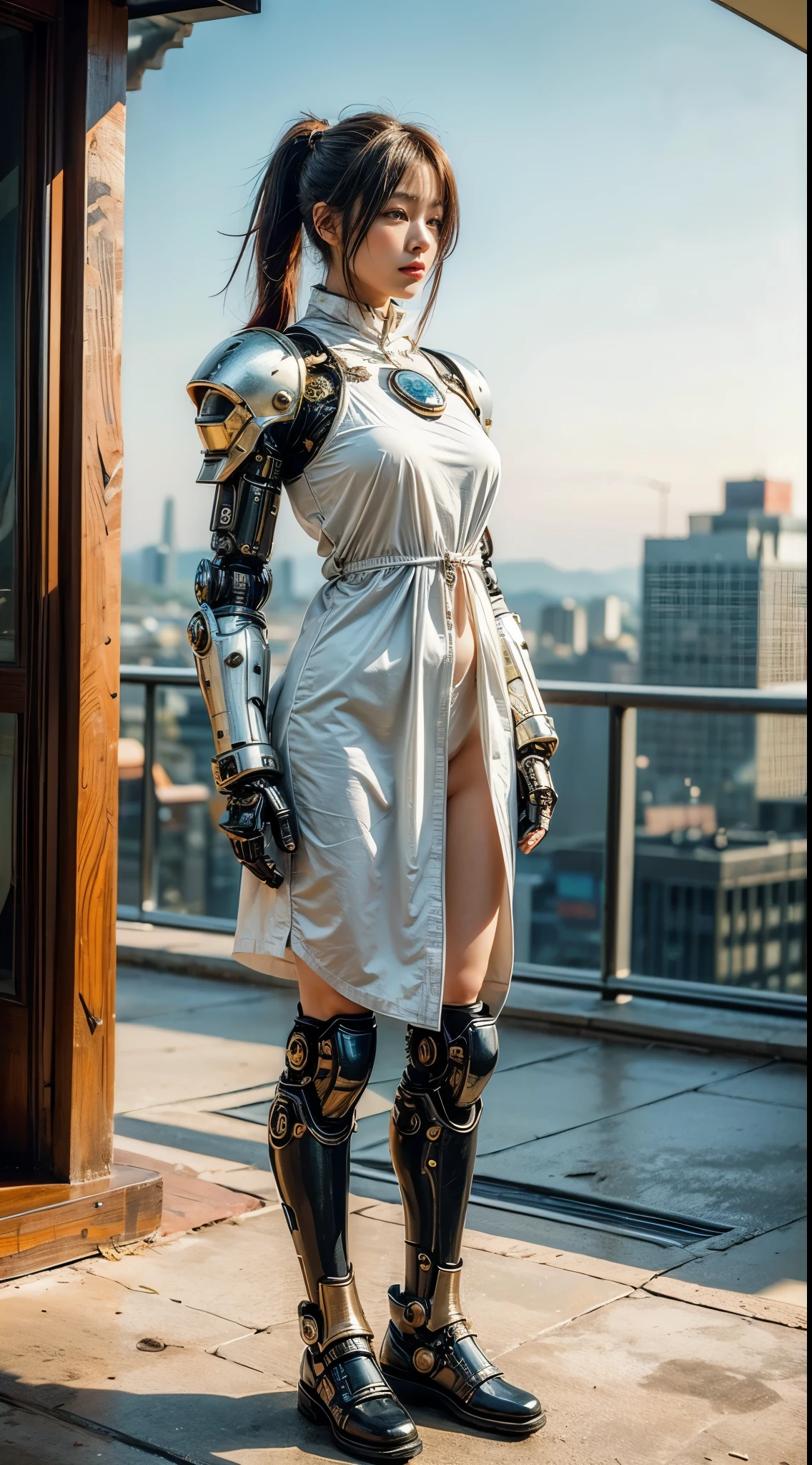 (top-quality:1.2, masterpiece), ultra high resolution, (Photorealsitic:1.4),, (bird-type mechanical heavy armor), (mechanical armor:1.3), light red base with silver and bronze accent, 1 Japanese female soldier, extremely realistic face, (blue hair), ((ultimately intricate all details)), (whole body picture), realistic shadow, octan render, 8K, ultrasharp, character edge light, Details of complex ornaments, Hydraulic cylinder, power cable, dystopia with a beautiful view at night,