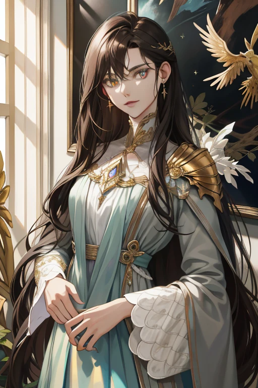 (absurd, high resolution, ultra detailed), When I noticed a painting on the wall.
It was a portrait of my family.
Zephyr stood beside. Valendrya. Her Dark hair and golden eyes highly resembled me.
I stood in front of her With Valsendrake and Icarus standing beside me.
painting