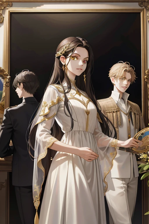 (absurd, high resolution, ultra detailed), When I noticed a painting on the wall.
It was a portrait of my family.
Zephyr stood beside. Valendrya. Her Dark hair and golden eyes highly resembled me.
I stood in front of her With Valsendrake and Icarus standing beside me.
painting