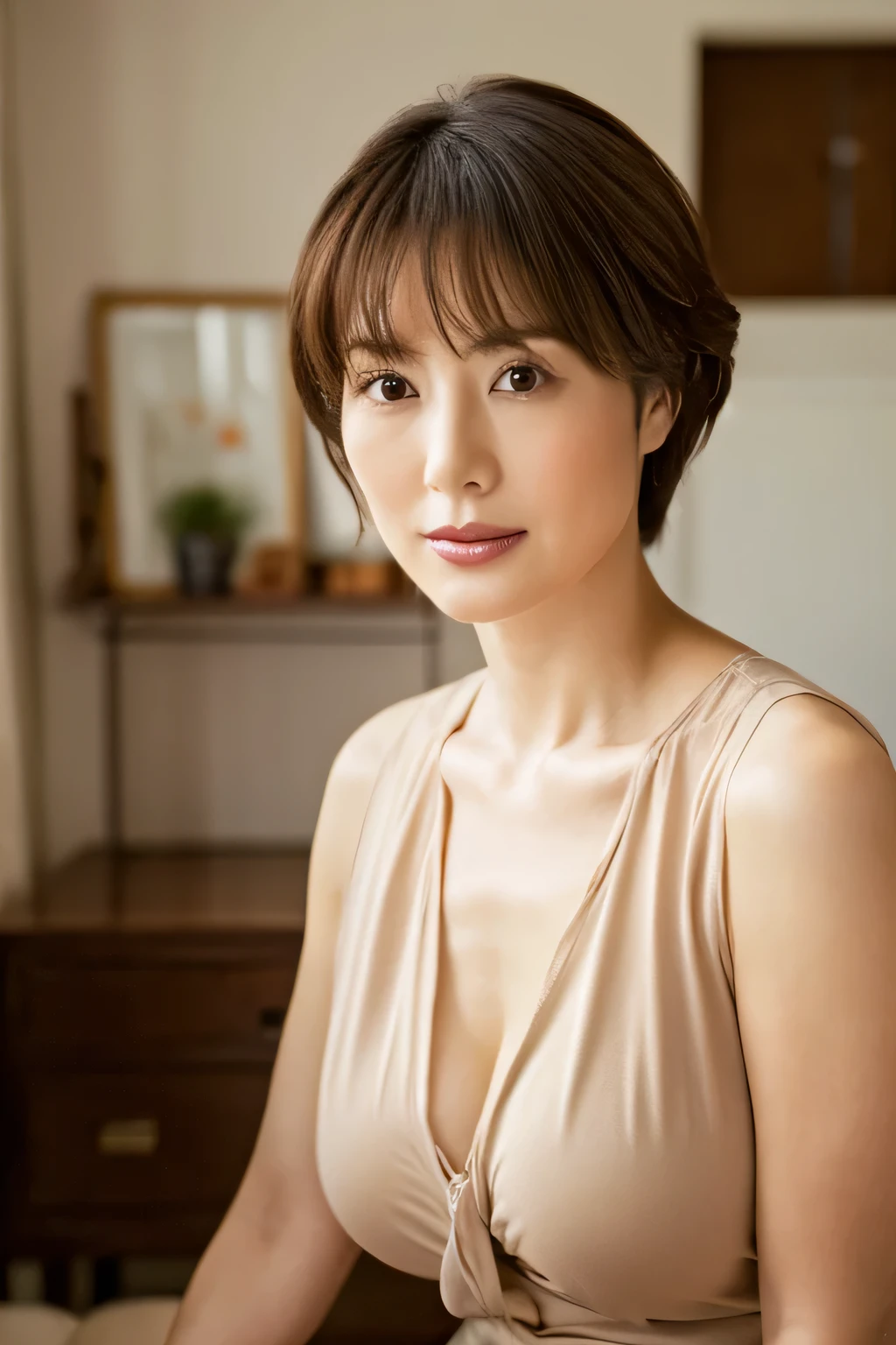 (highest quality,8k,masterpiece),Professional Lighting, Portraiture,
Japanese mature woman staring at the camera,Wear a shirt,
Proud big breasts,Stretch your back, Beautiful soft skin perfect face perfect face,light makeup,Brown Hair,Surreal, 
Huge breasts,Big Breasts, Pixie Cut,Accentuate your thighs,
White wall,indoor,