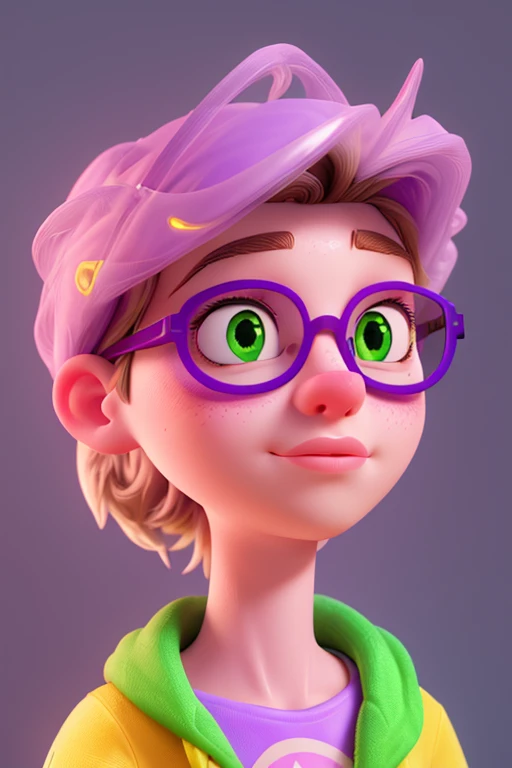 high resolution、high quality、Look down and gaze up、Light purple with pink mesh、male、、Fine skin、Yellow-green eyes、Bandaid on cheek、Glasses、Face Shot