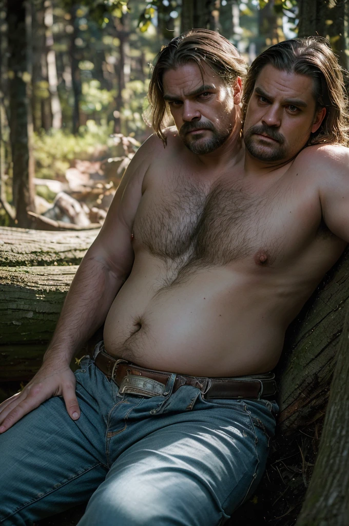 (((2heads))), 1man, david harbour, middle aged, ((fat)), (big belly), (obese), hairy, no shirt, jeans, belt, body hair, big bulge, ((overweight)), dreamy atmosphere, dark cyan and red, i can't believe how beautiful this is, serene atmosphere, epic realistic, soft cinematic light, hdr, intricate, highly detailed, (depth of field:1.4), faded, (neutral colors:1.2), (hdr:1.4), (muted colors:1.2), hyperdetailed, (artstation:1.4), cinematic, dramatic light, (intricate details:1.1), complex background, woods scenery, (rutkowski:0.66), (intricate details:1.12), hdr, (intricate details, hyperdetailed:1.15) (skin texture:1.2), detailed expressions, tired, bored, frowning, ((sitting on log))