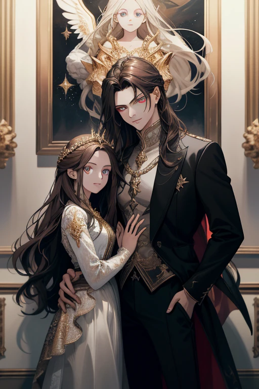 (absurd, high resolution, ultra detailed), When I noticed a painting on the wall.
It was a portrait of my family.
Zephyr stood beside. Valendrya. Her Dark hair and golden eyes highly resembled me.
I stood in front of her With Valsendrake and Icarus standing beside me.
painting